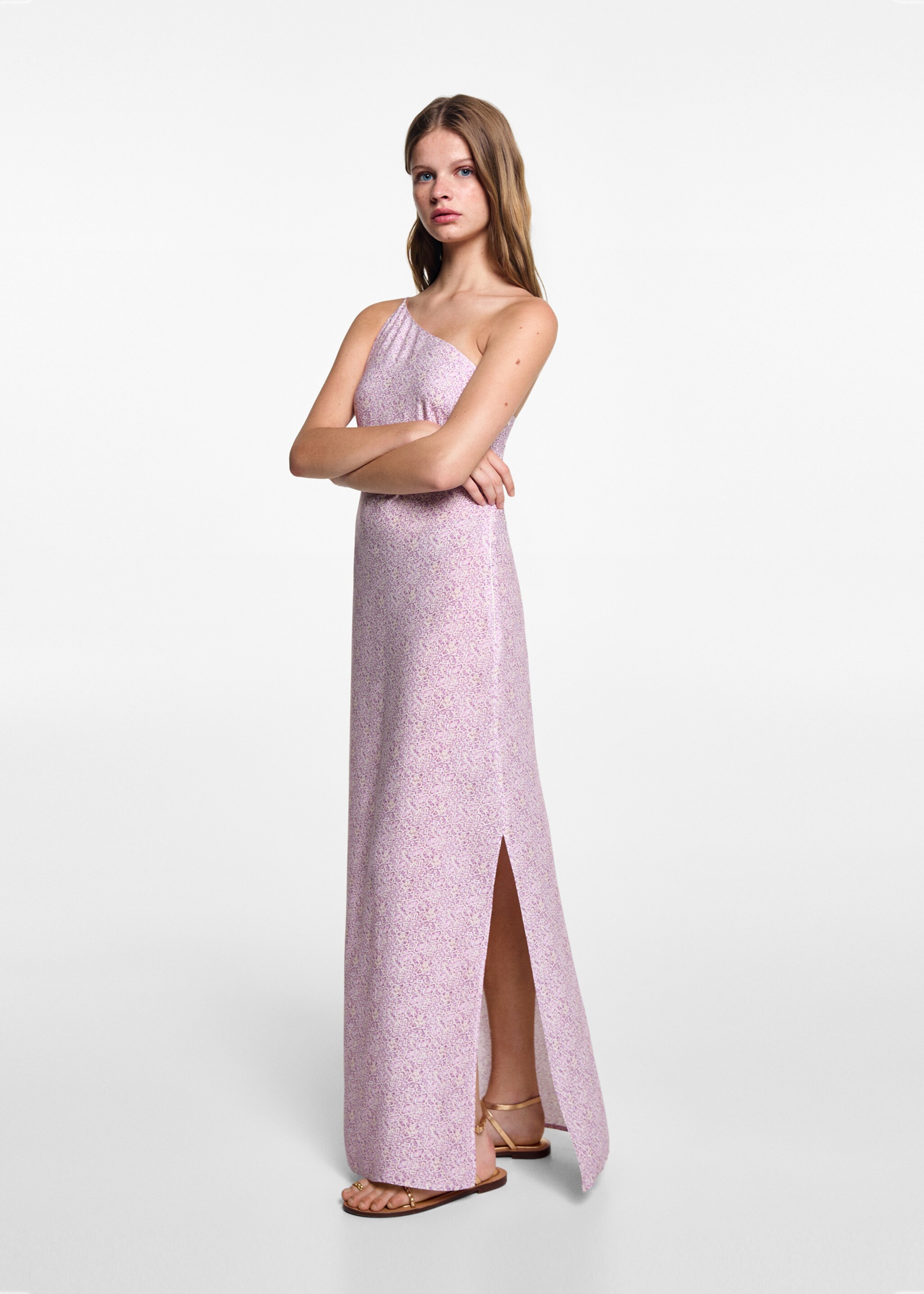 Vestido asimétrico estampado - Plano general, Lila. Ref: 77050640-00.