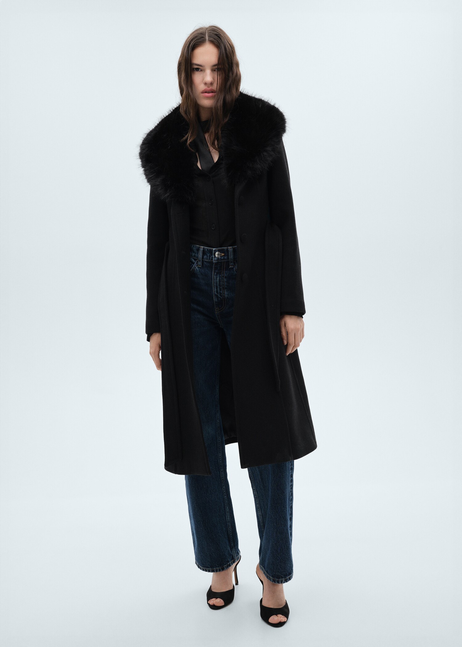 Manteau laine col imitation fourrure amovible - Plan général