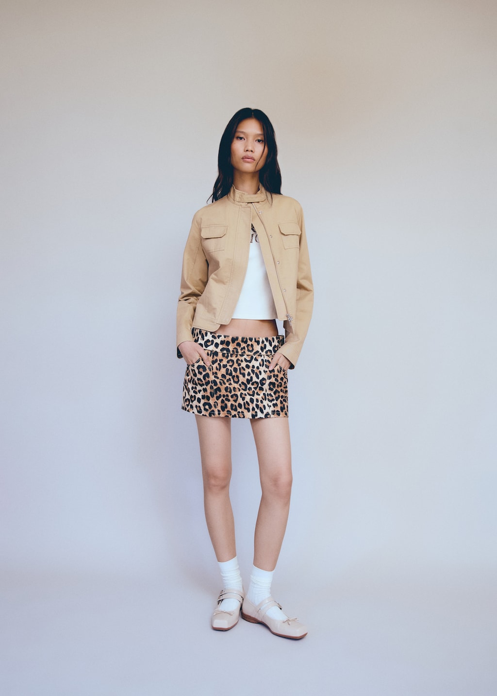 MANGO Leopard print denim mini skirt beige 8 Woman