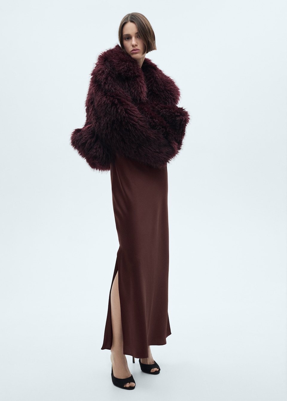 christmas party outfit trends 2024 - burgundy Mango Satin long skirt