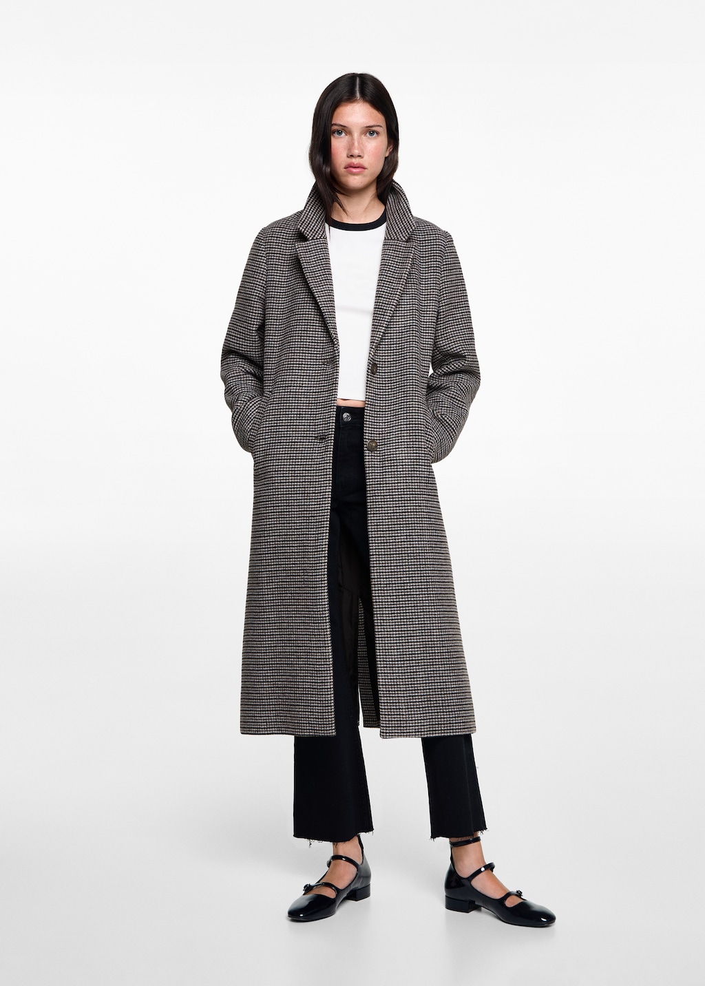 Mango Teen Houndstooth Wool Blend Coat Grey M Teenage Girl