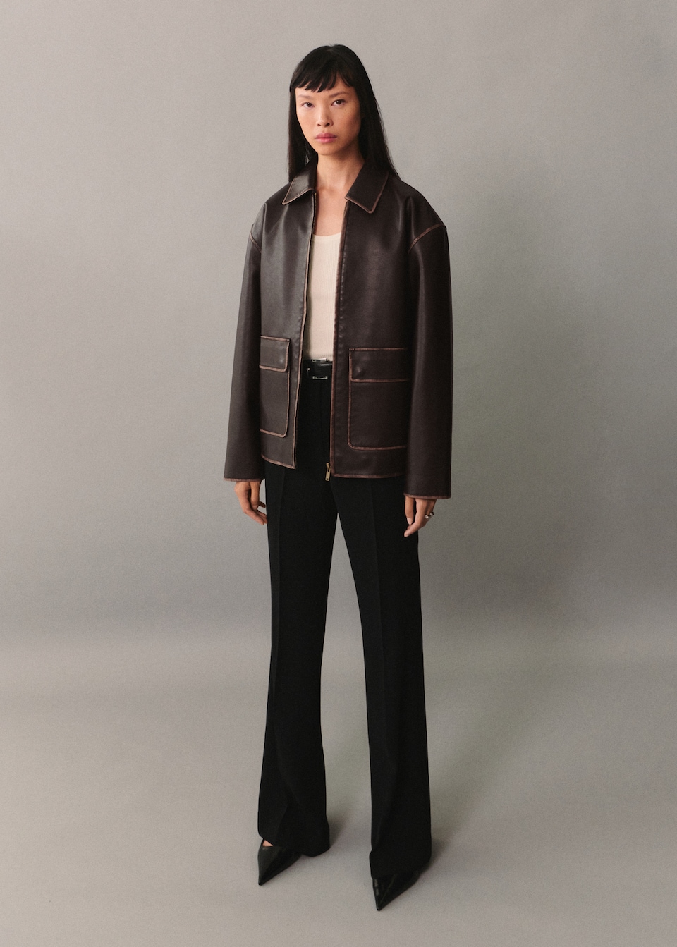 Mango brown Leather-effect jacket with contrast stitching