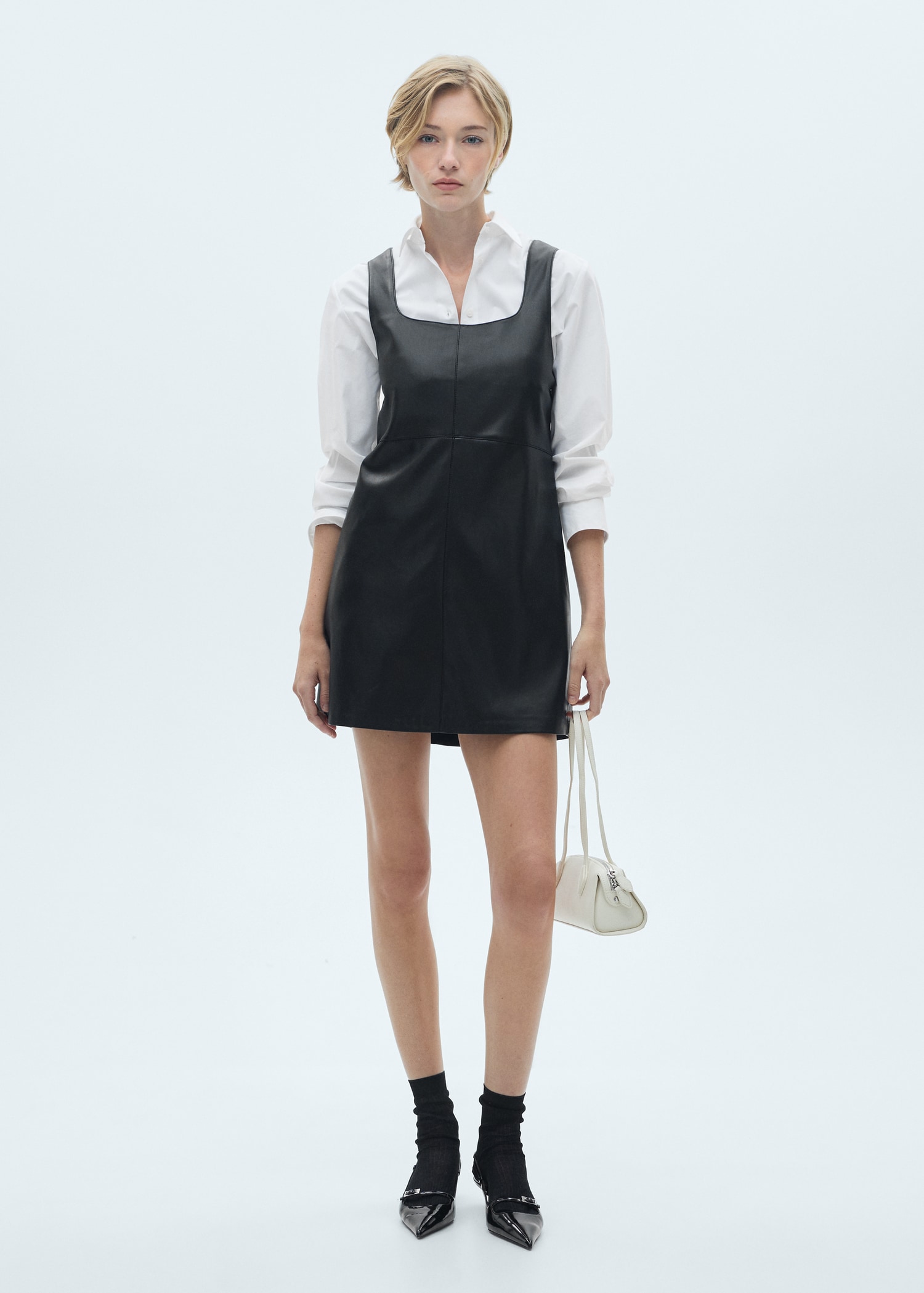 Pinafore Skirt Black Leather Look Pinafore Dress Leather-effect