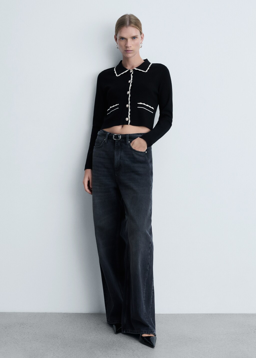 Mango Contrast-trim cardigan with jewel buttons thumbnail