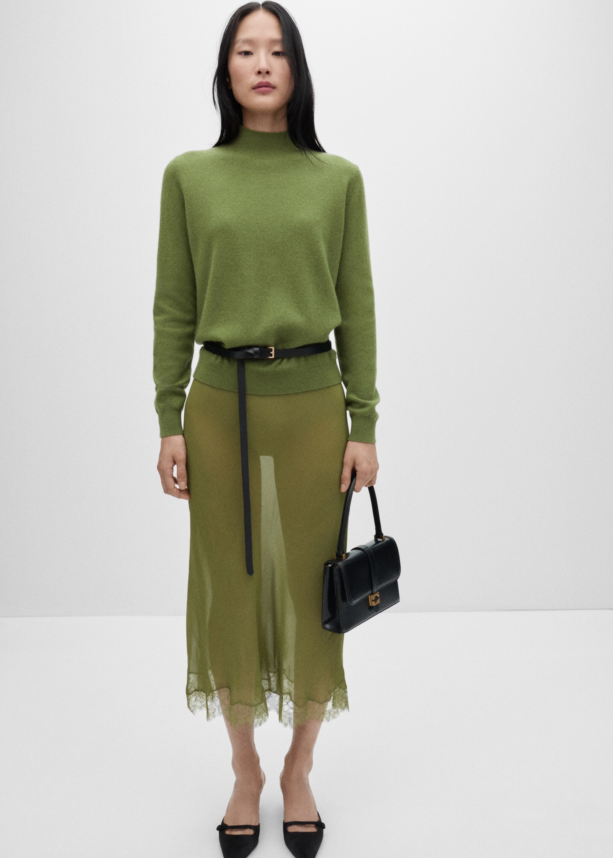 Pull-over 100 % cachemire col montant - Plan général, Vert. Ref: 77078263-00.