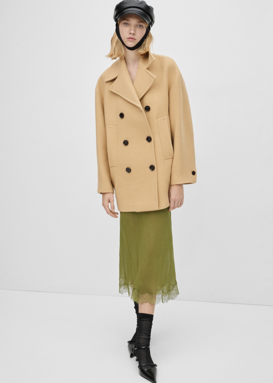 Mango beige Double-breasted virgin wool pea coat