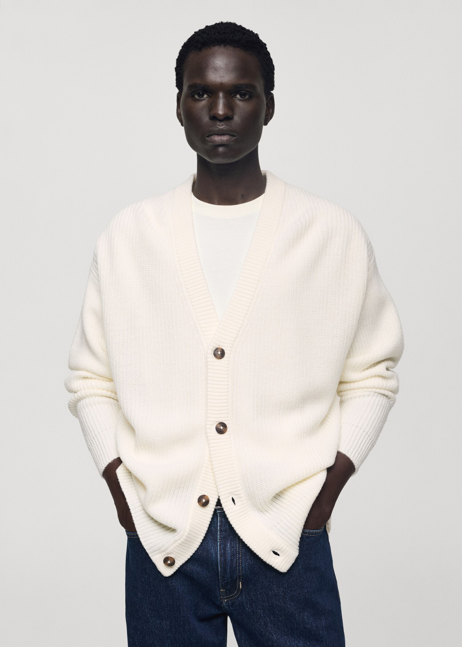 men cable knit white cardigan