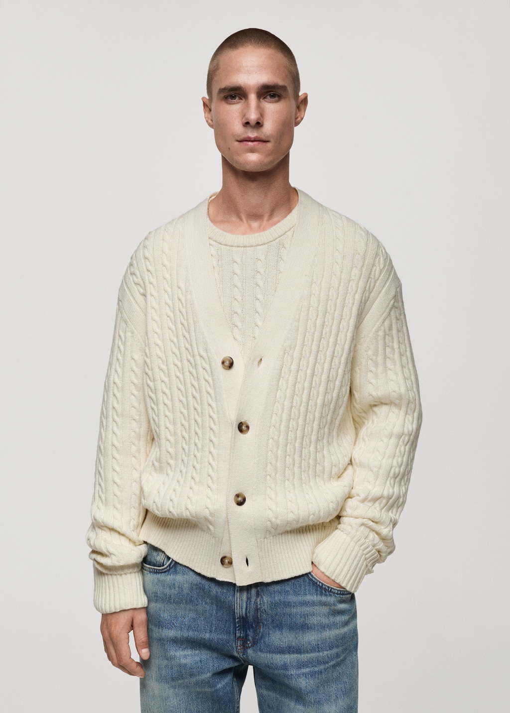 Chunky-knit cotton-blend braided cardigan with buttons