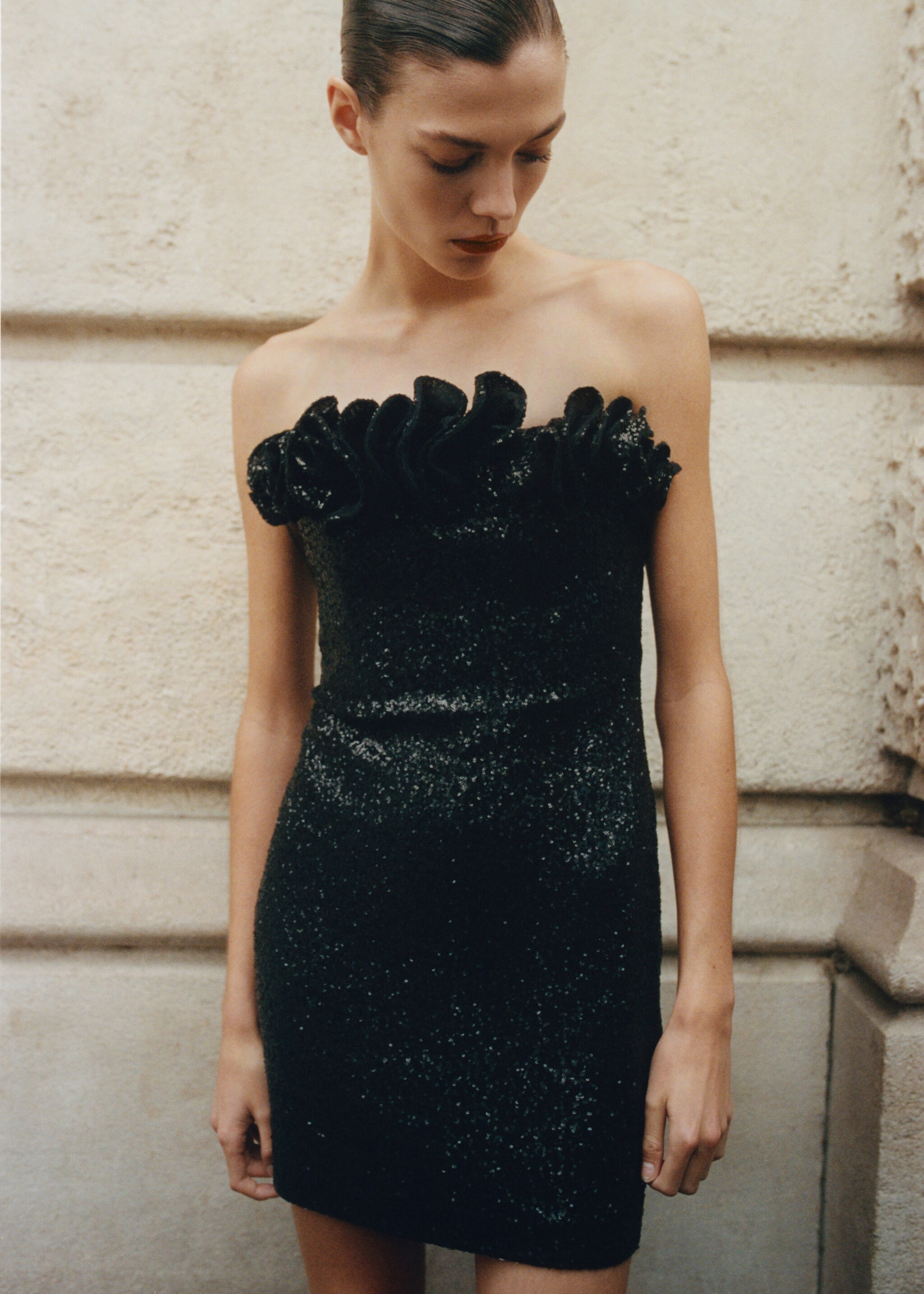 Sequin embellishment ruffle dress - Medium plane, Black. Ref: 87000361-00.