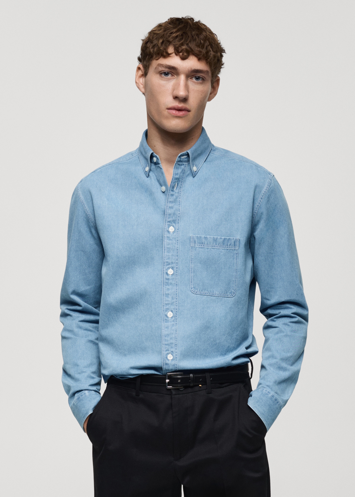 Denim Shirt with Ruffles | Medium Blue Denim Denim Shirt with Ruffles | Medium Blue Denim
