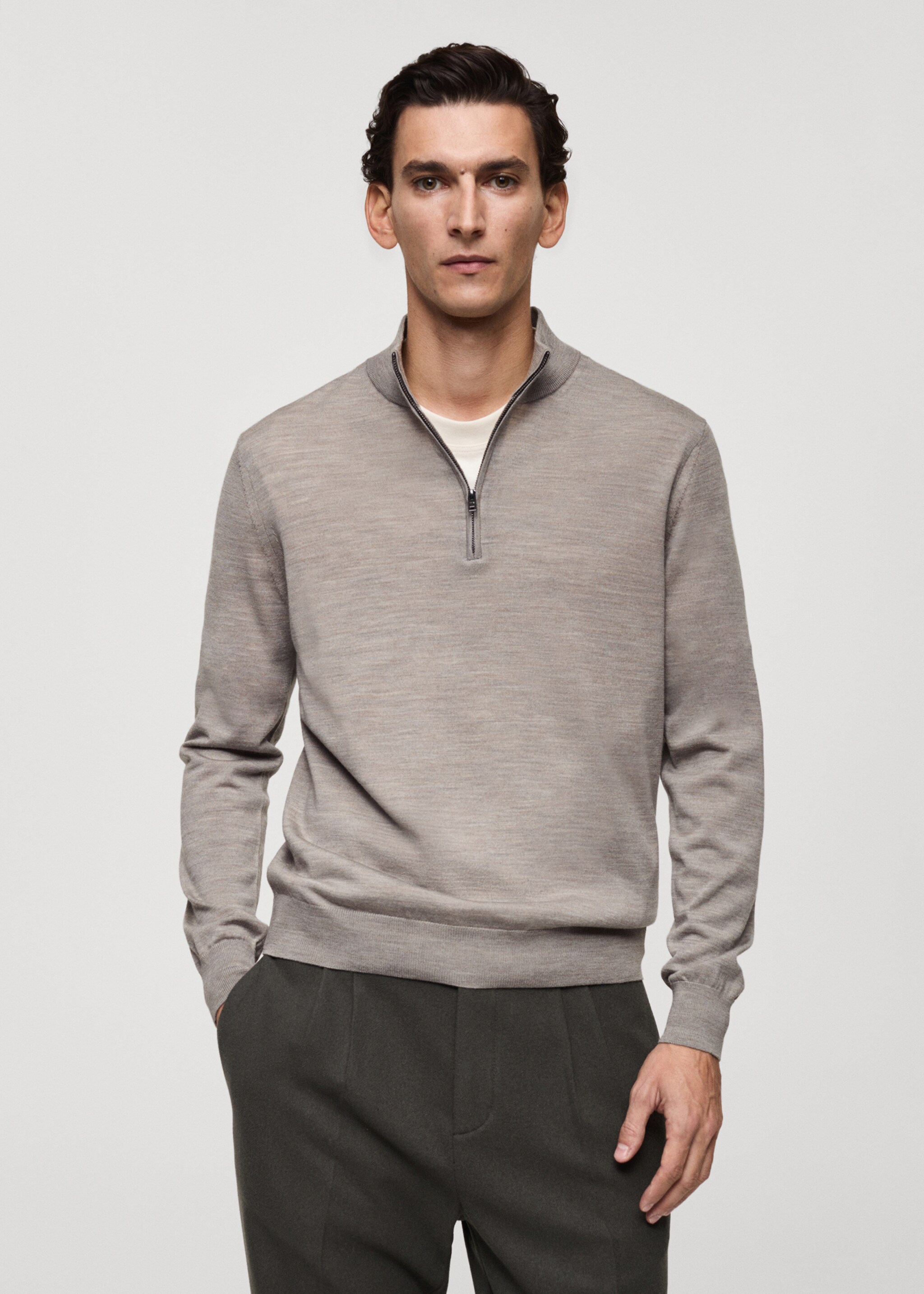 100% merino wool perkins-neck sweater with zip - Medium plane