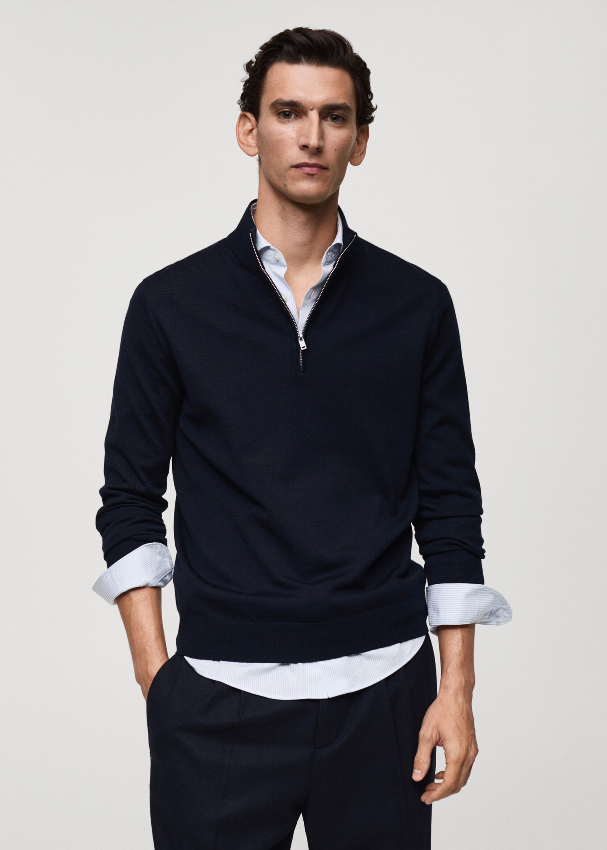 100% merino wool perkins-neck sweater with zip - Medium plane