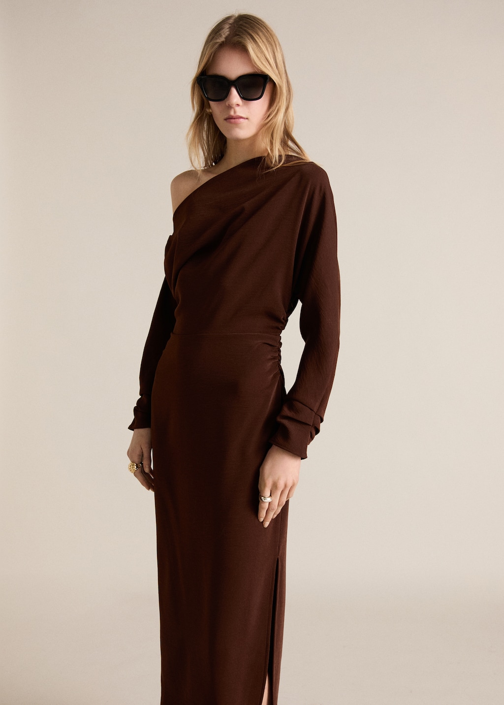 リルアー　drape design dress M-Long brown Long Sleeve Draped Detail Maxi Dress Brown - Luxe Maxi