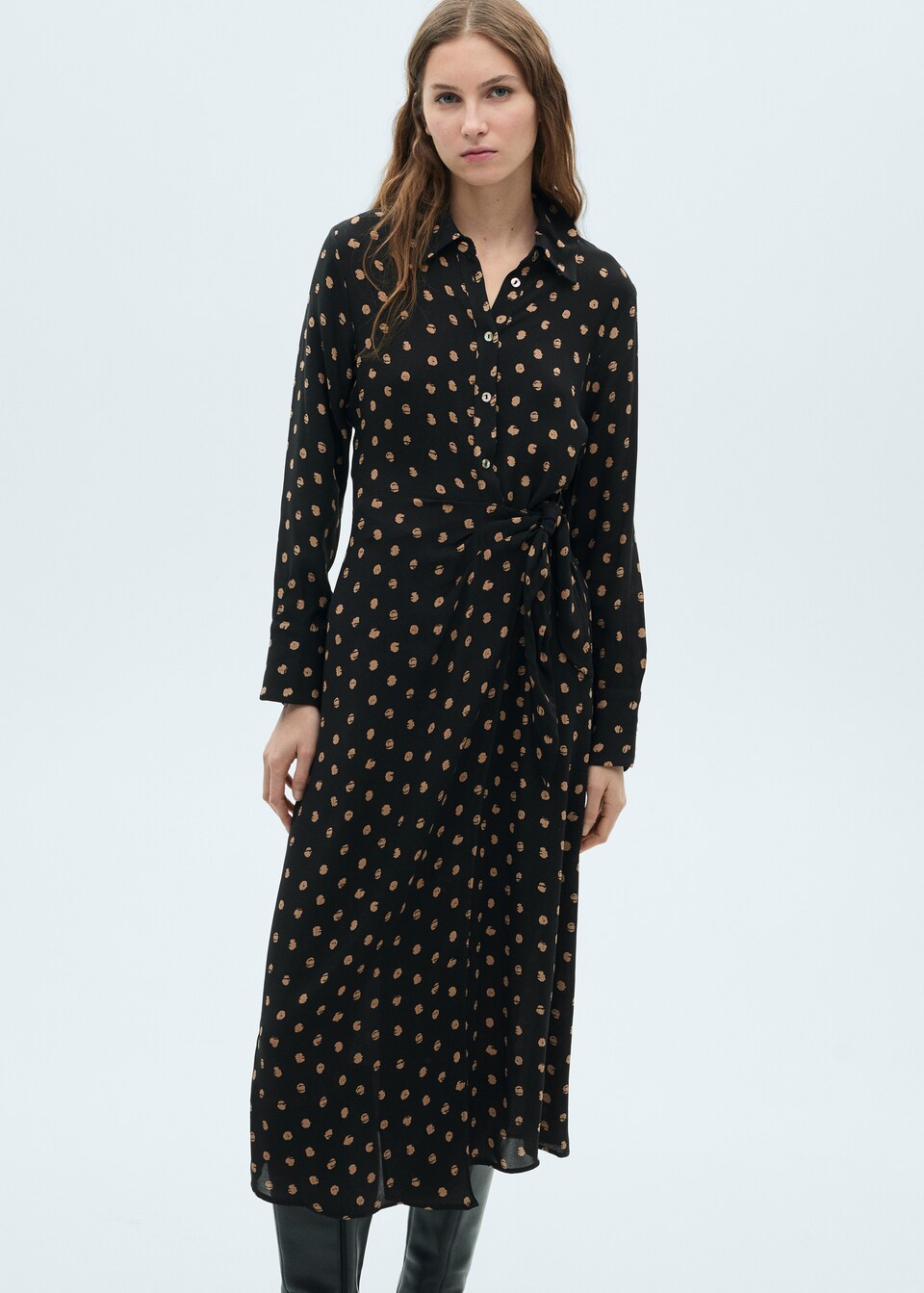 Button Front Ruched Polka-dot Print Shirt Dress