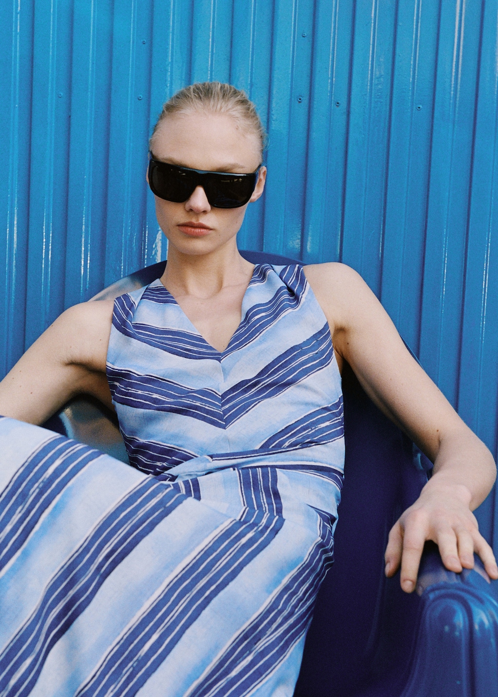 mango green stripe dress Blue Pleated High Neck Raglan Long Sleeve Side Slit Gown