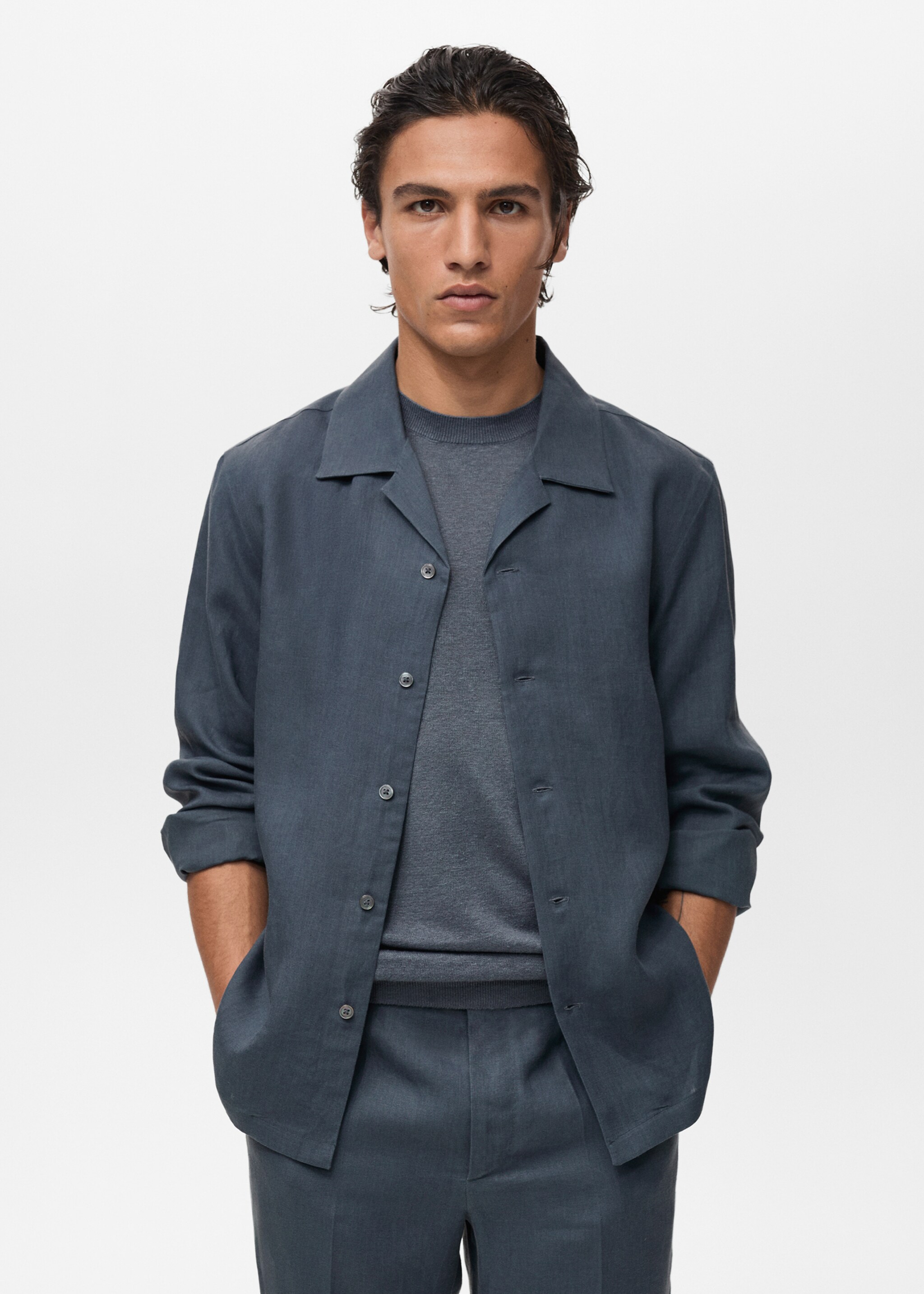 Chemise 100 % lin col bowling - Plan moyen
