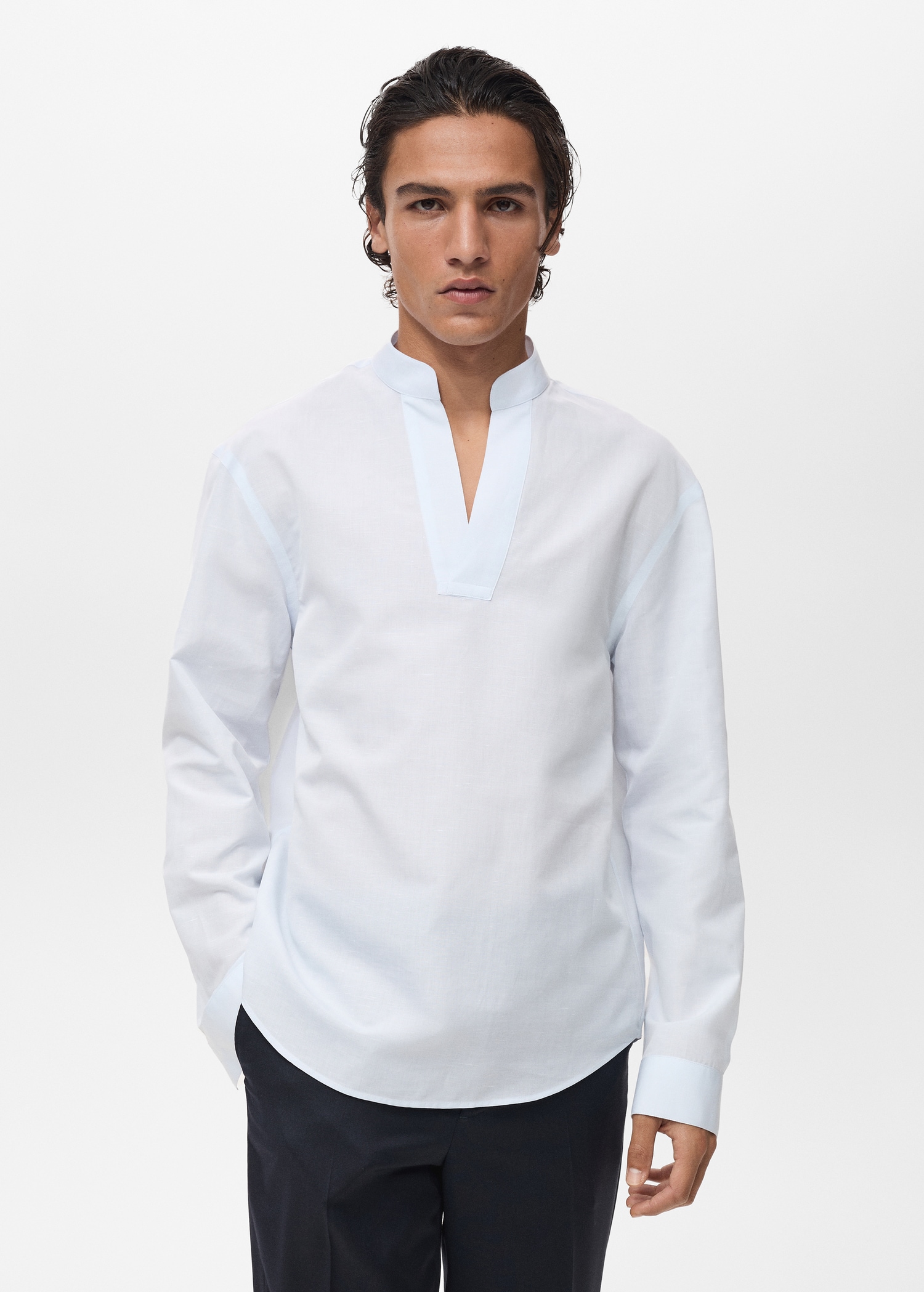 Linen-blend shirt with mandarin collar - Medium plane