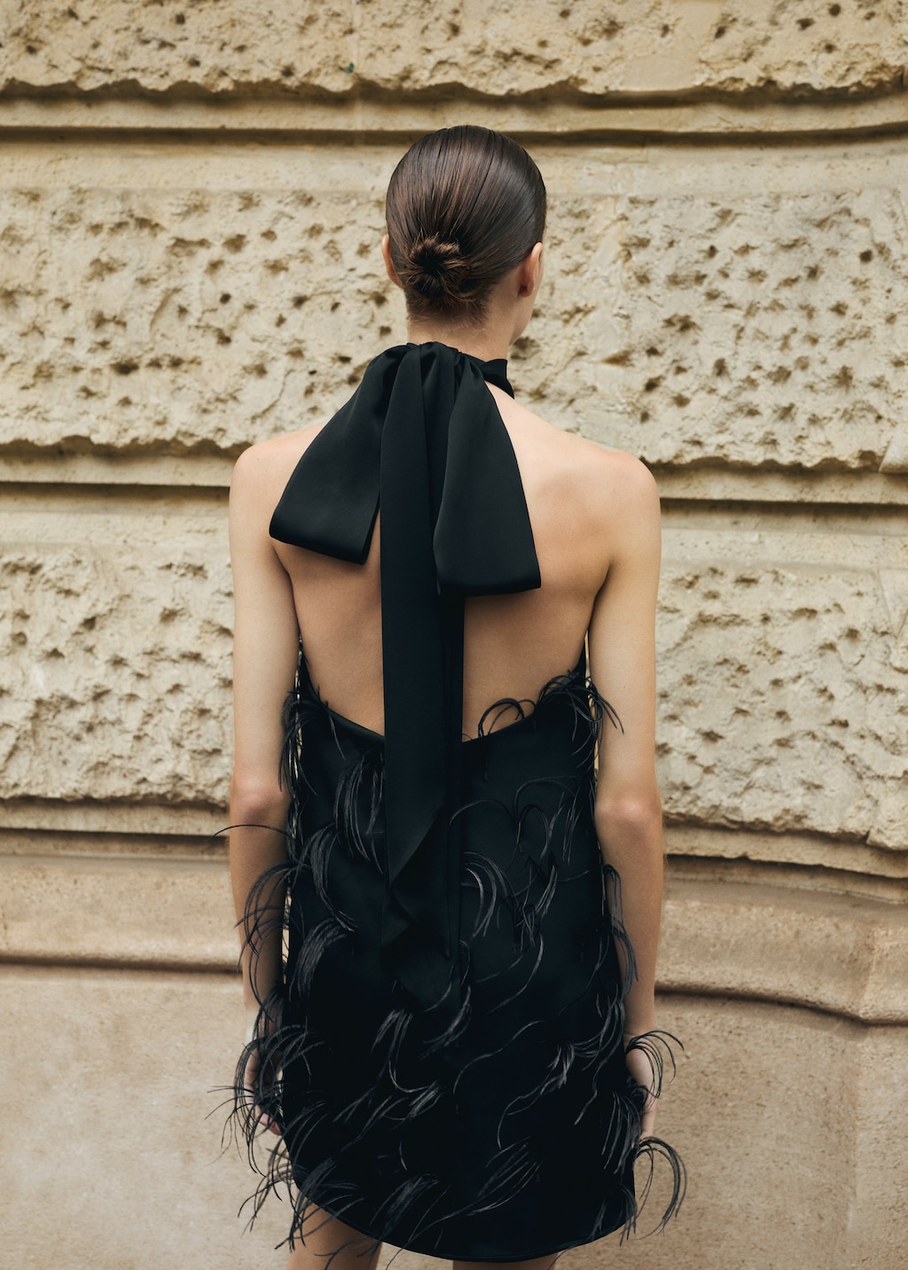 Mango Halter dress with feather decoration
