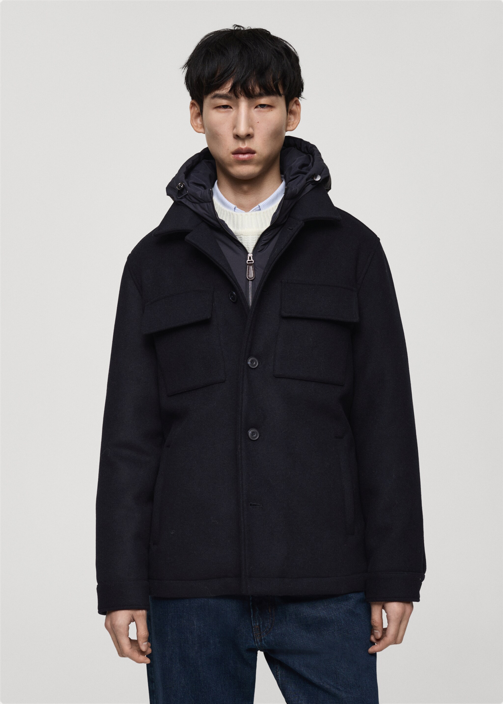 Manteau laine mélangée capuche amovible - Plan moyen