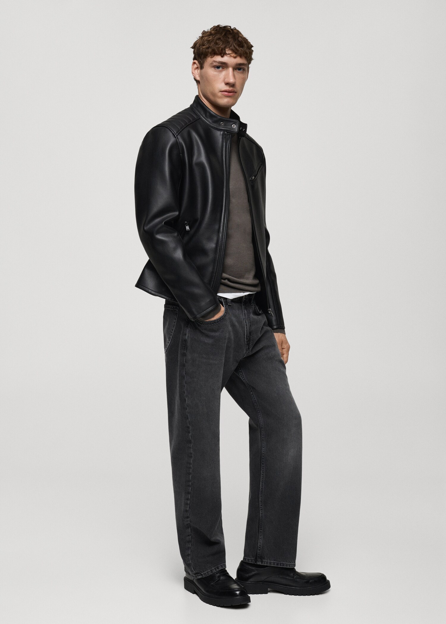 Leather-effect jacket with stitching detail - Details of the article 2