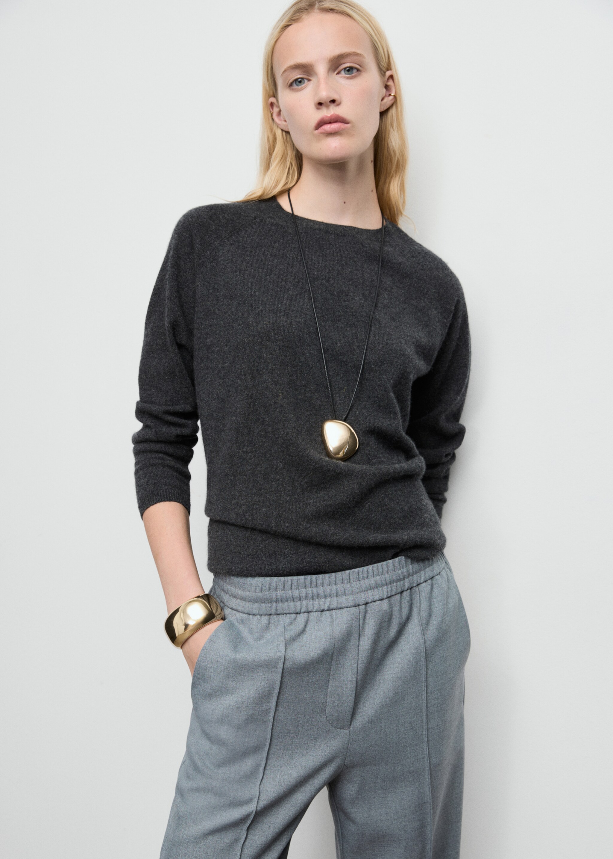 Wideleg trousers with elastic waist - Details of the article 1, Grey. Ref: 87011516-00.