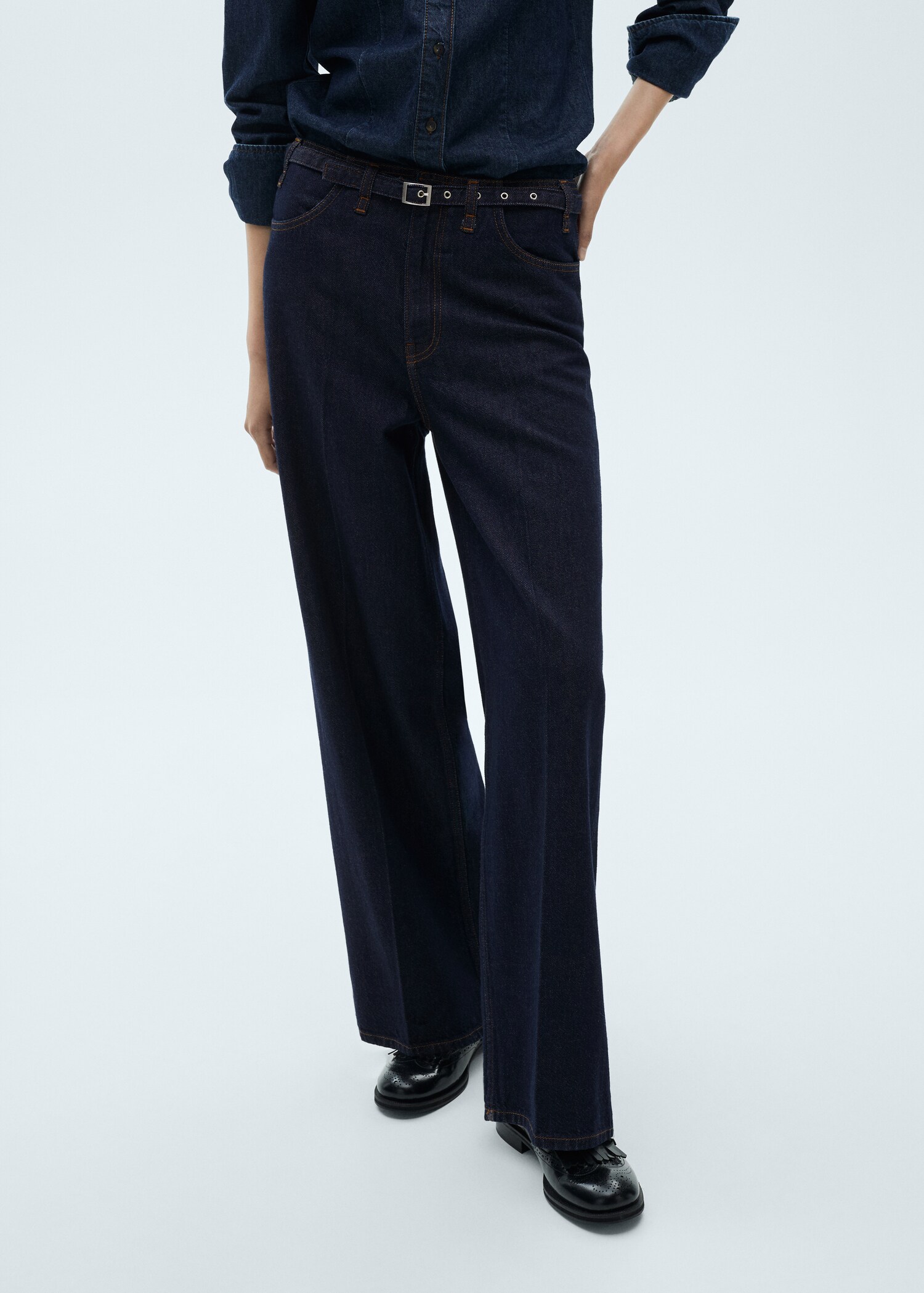Rinse-wash wide-leg jeans with belt - Medium plane