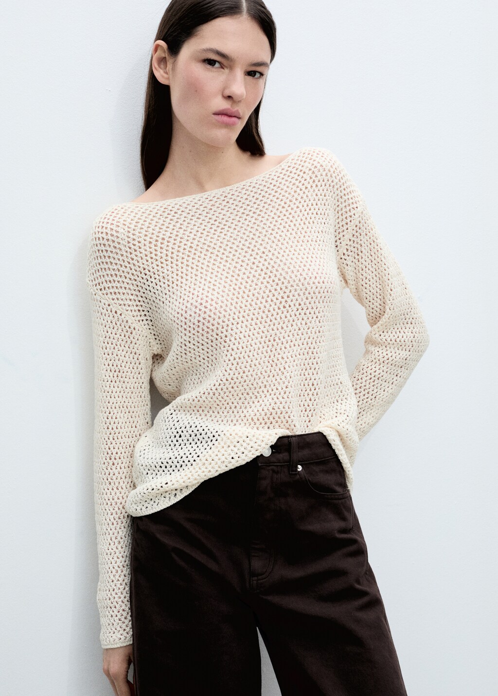 Knitted boat-neck sweater with lace pattern - image 5