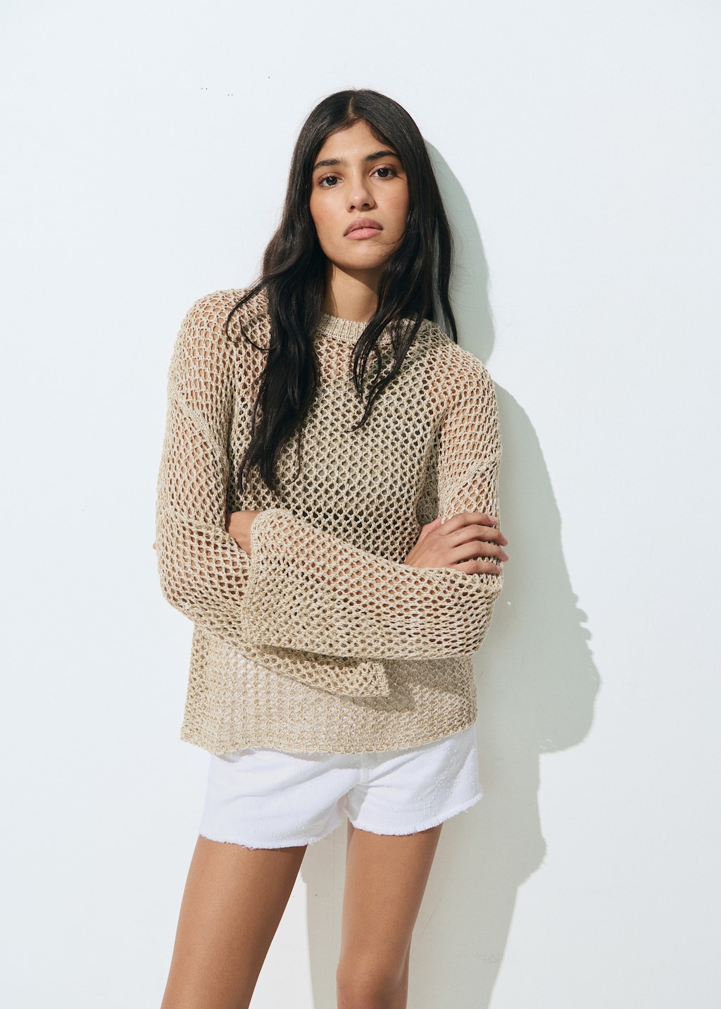 Knit sweater with lace pattern