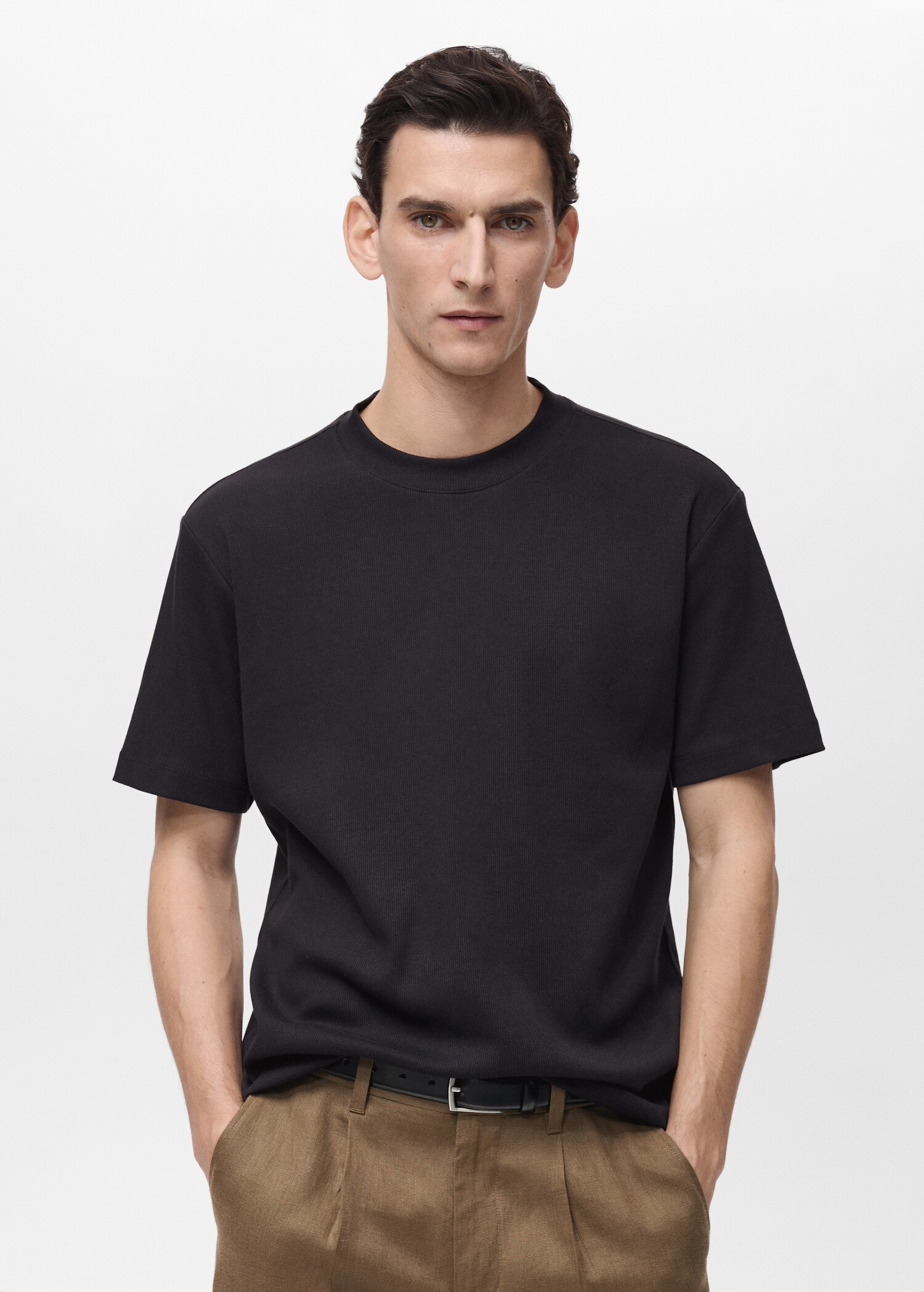Geripptes Regular-Fit-T-Shirt aus Baumwolle - Mittlere Ansicht