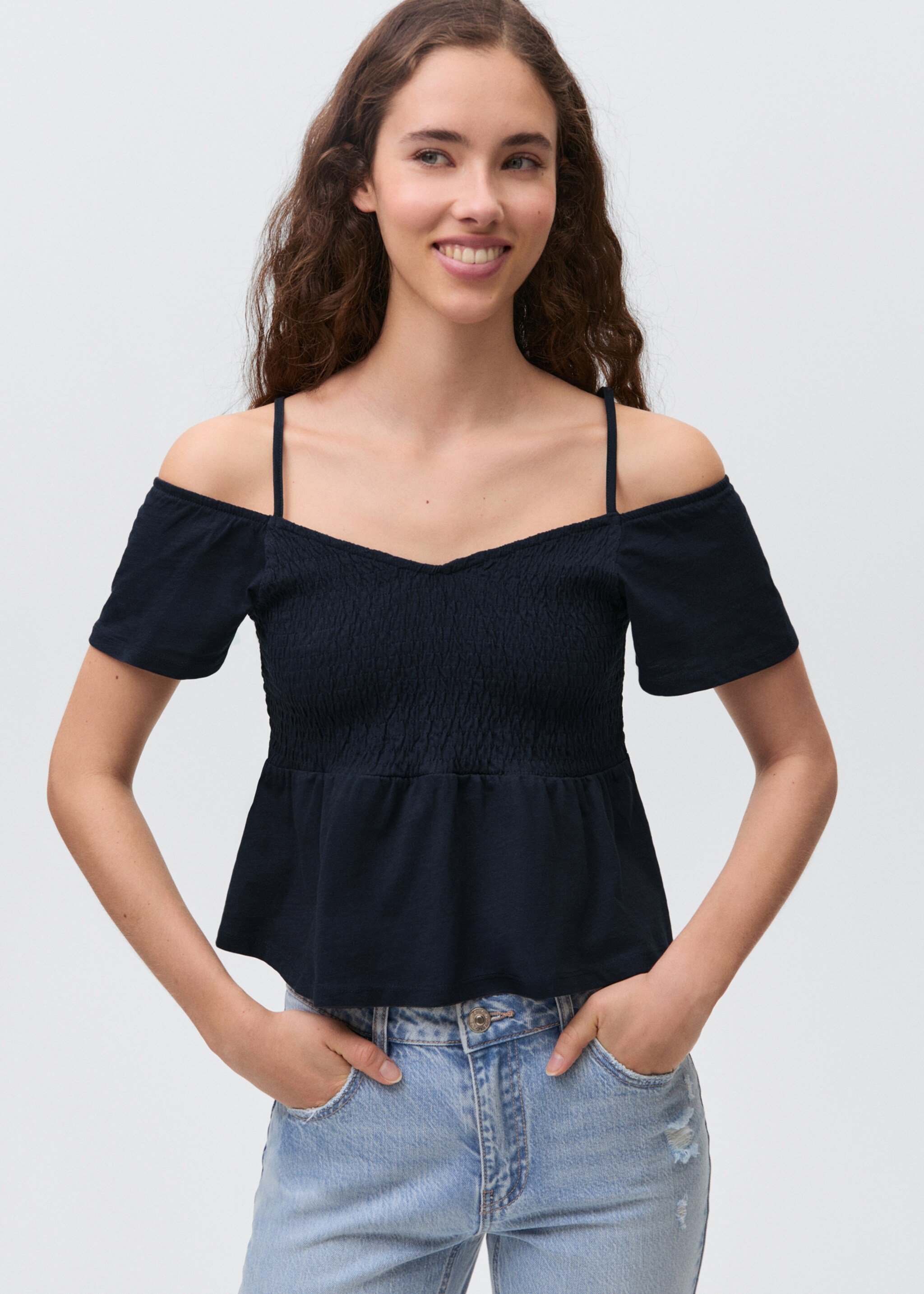 Wrinkled effect V-neck top - Medium plane