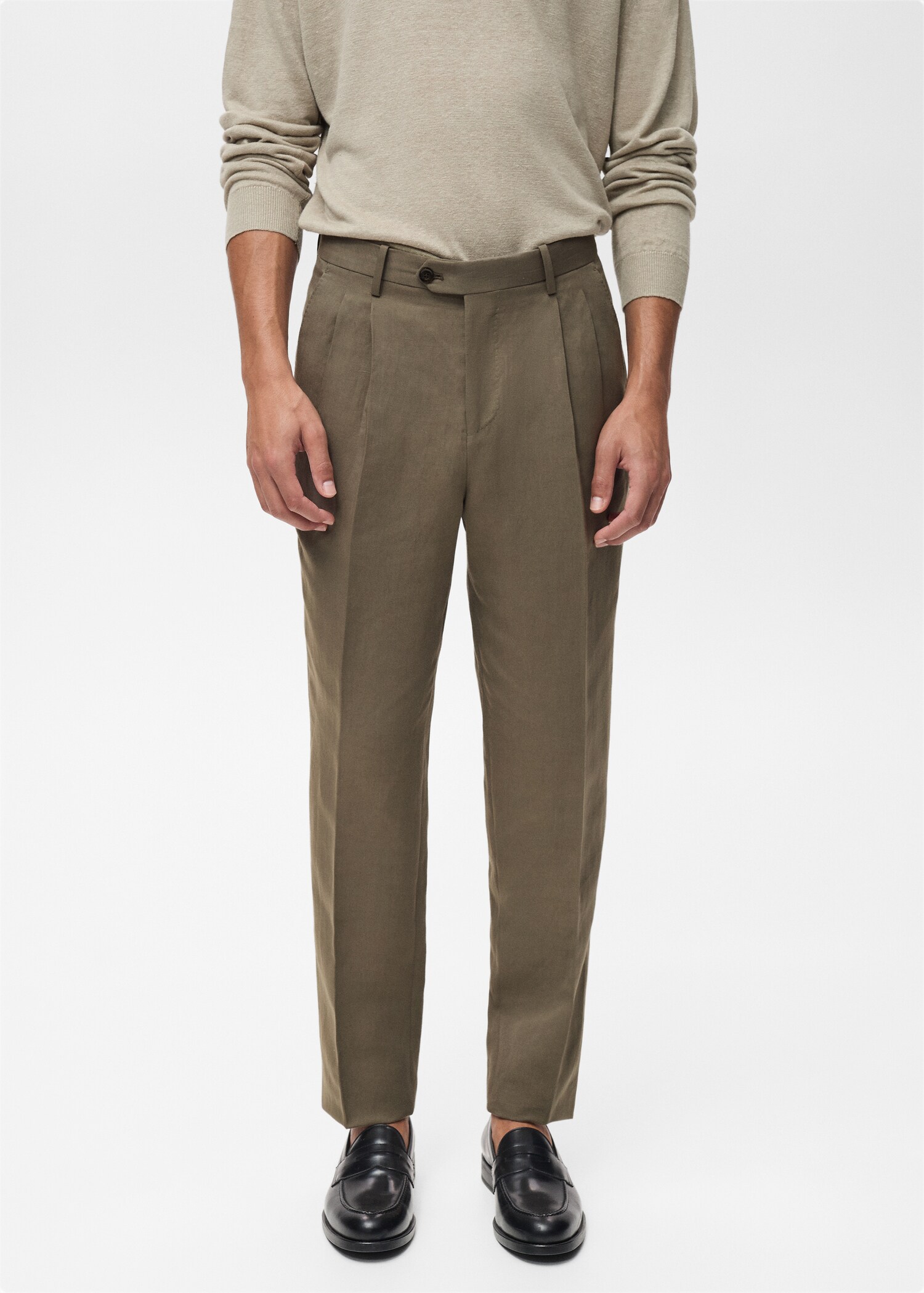 Slim-fit linen-blend pleated pants - Medium plane