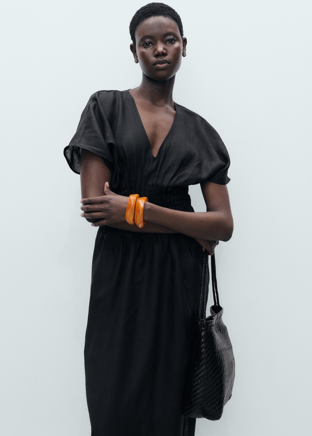 Long linen dress with gathered panel