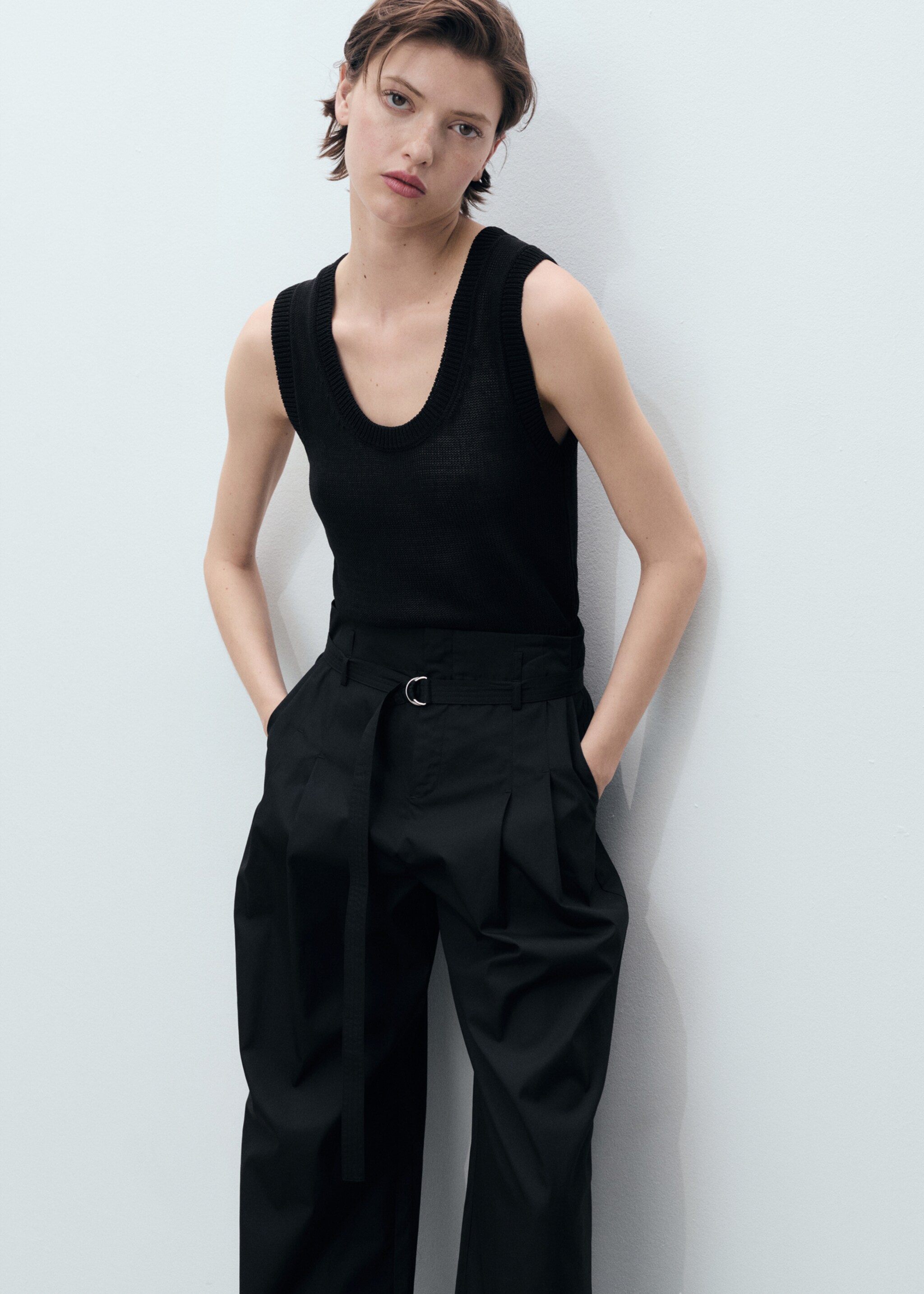 Wideleg cotton trousers with belt - Details of the article 1
