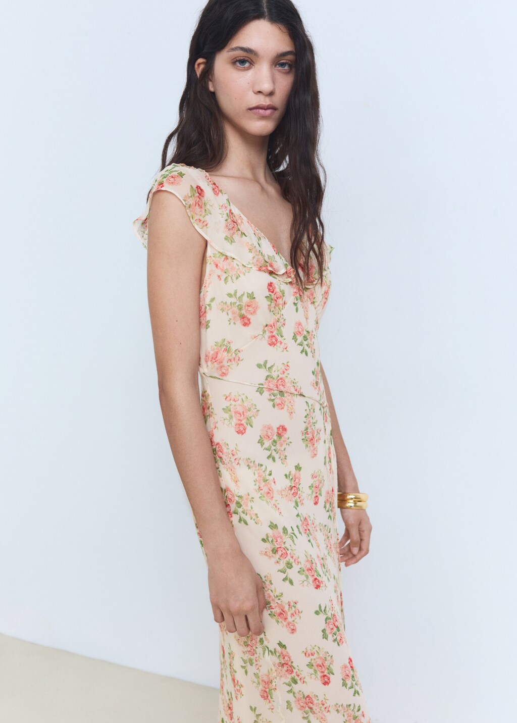 knee length dresses for ladies Yellow Sleeveless Floral Micro Ruffle Trapeze Midi Dress main image 0