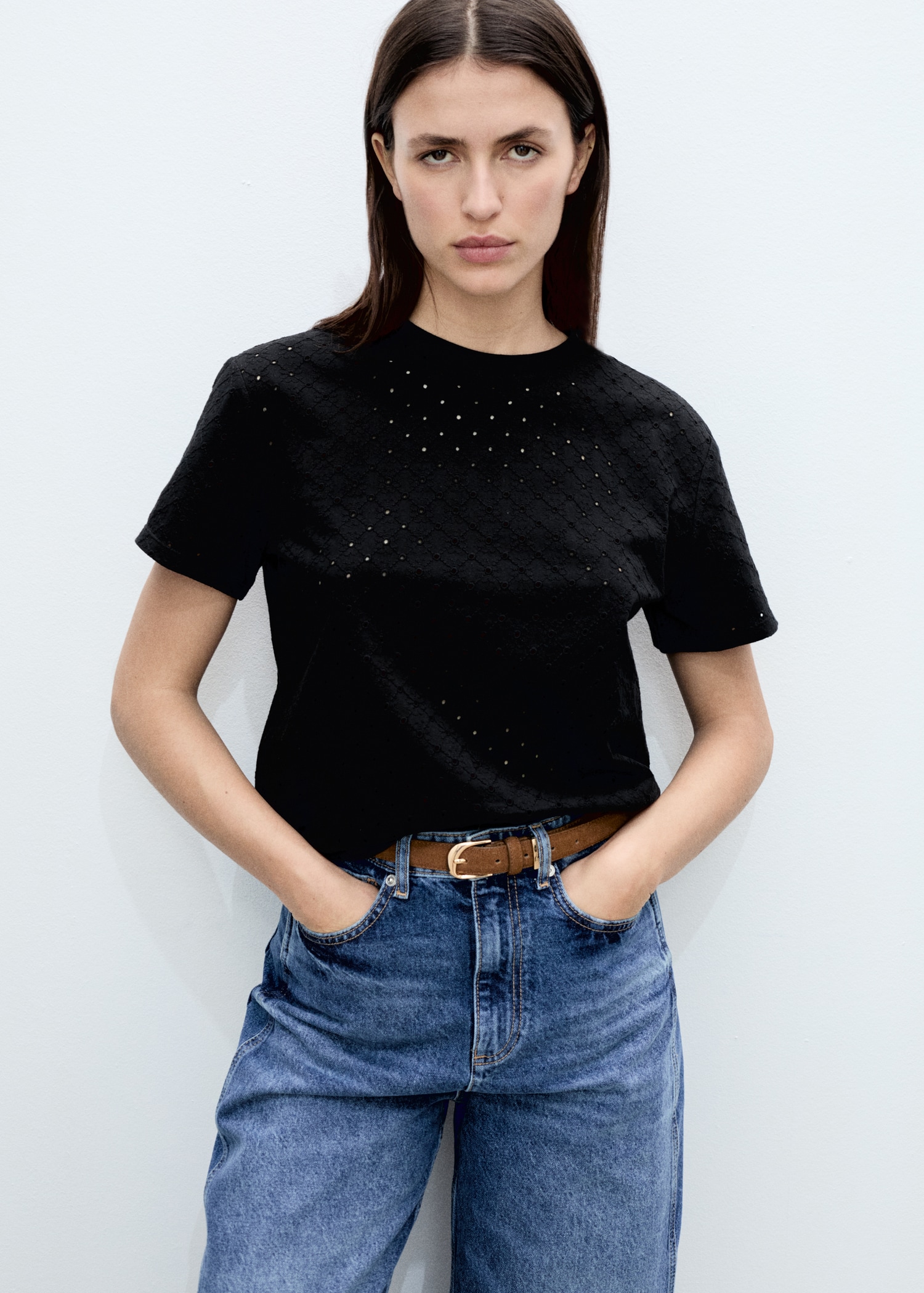 Black Print Round neck Openwork Plus size Tops Black Print Round neck Openwork Plus size Tops