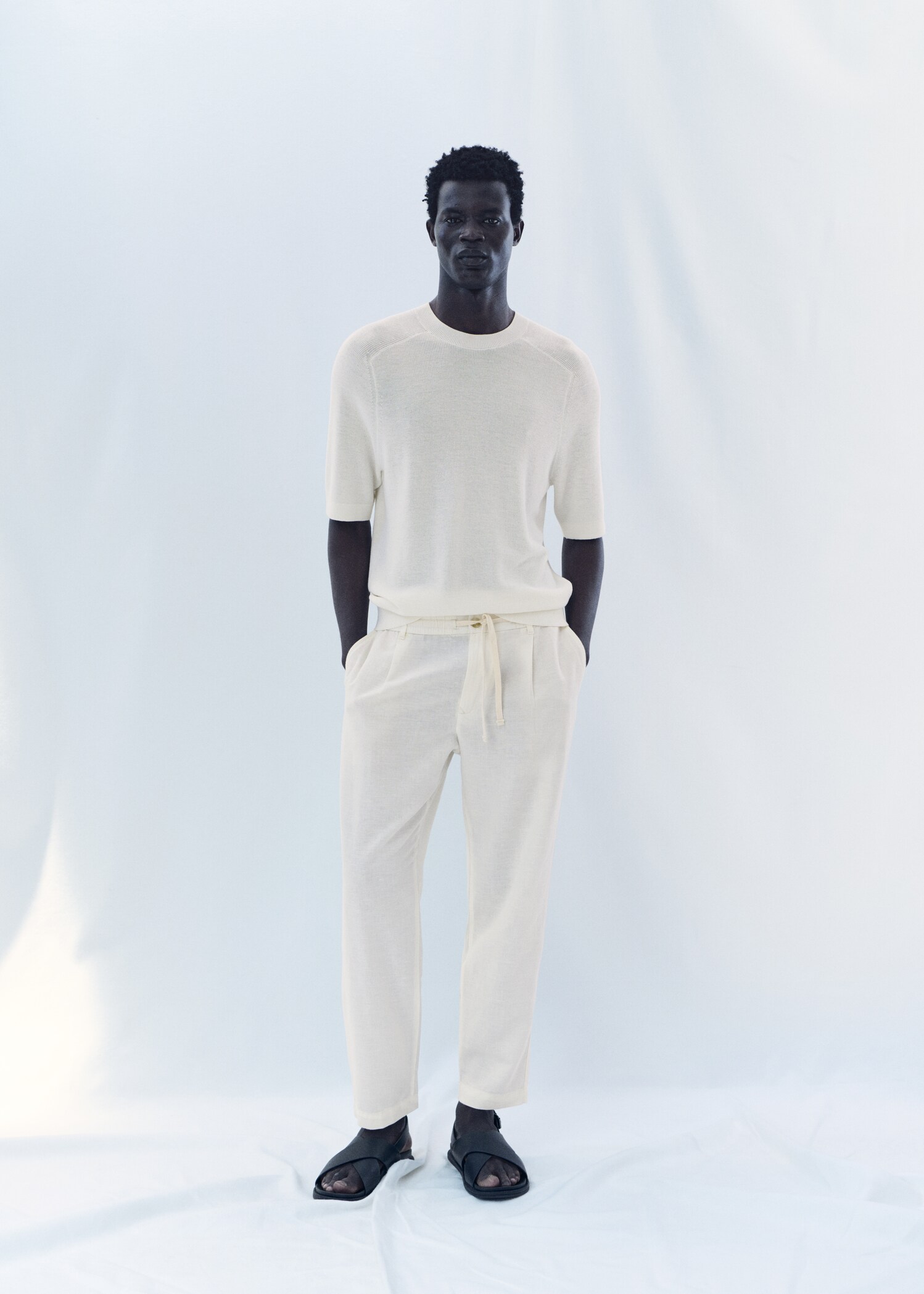 Slim fit keten beli büzgülü ipli pantolon - Ürün detayı 5