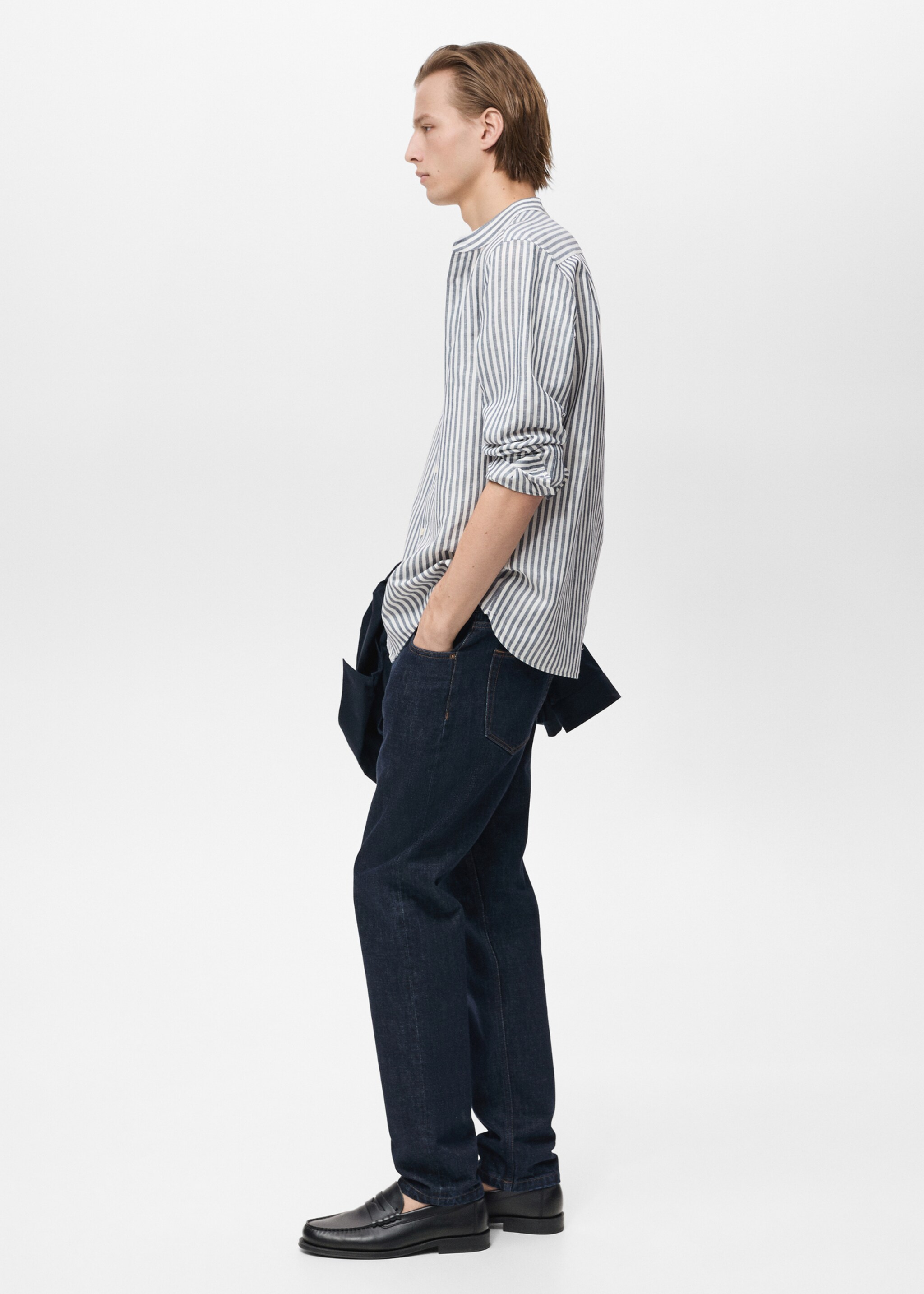 Striped mandarin-collar linen shirt - Details of the article 2