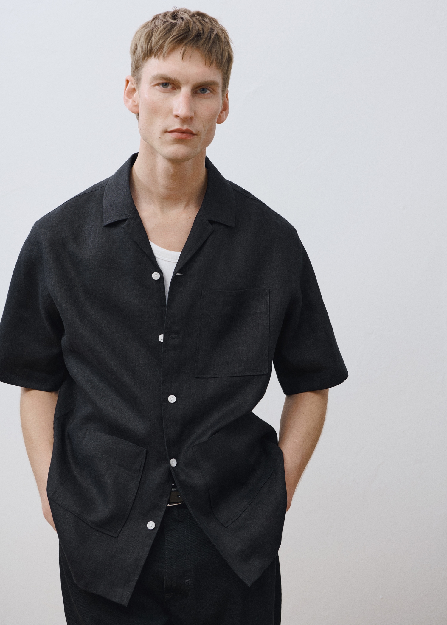 Manica Corta Camicie Lino Uomo Slim Fit Camicia Maniche Corte 100