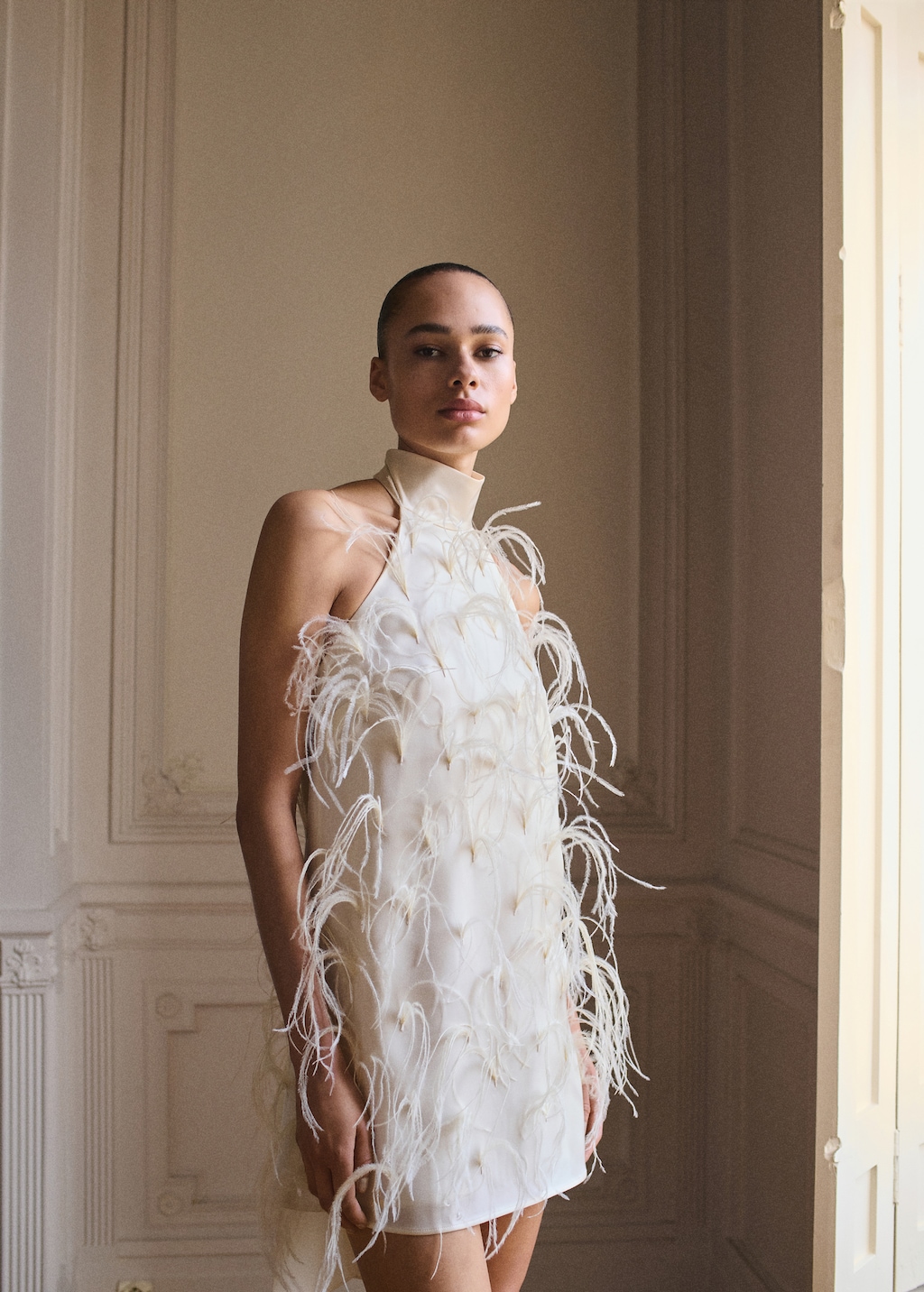 Halter dress with feather decoration