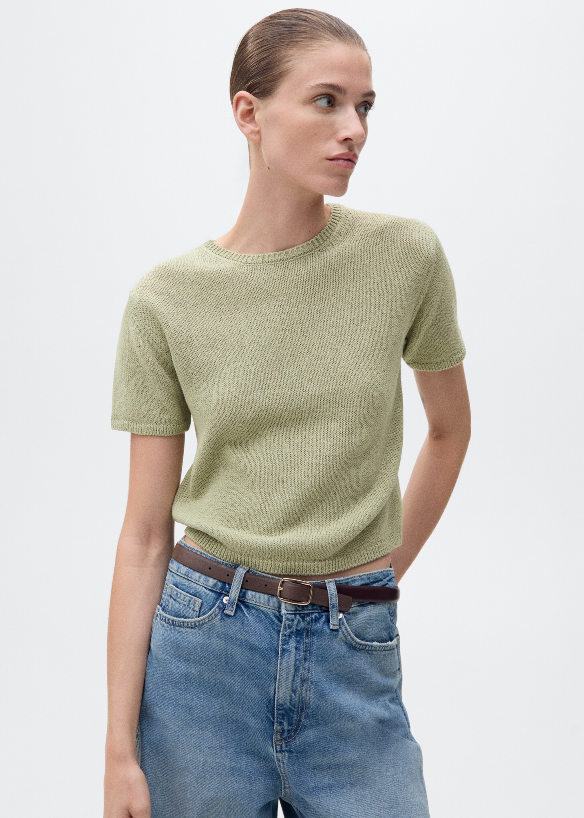 Short-sleeved knitted cotton sweater - Medium plane