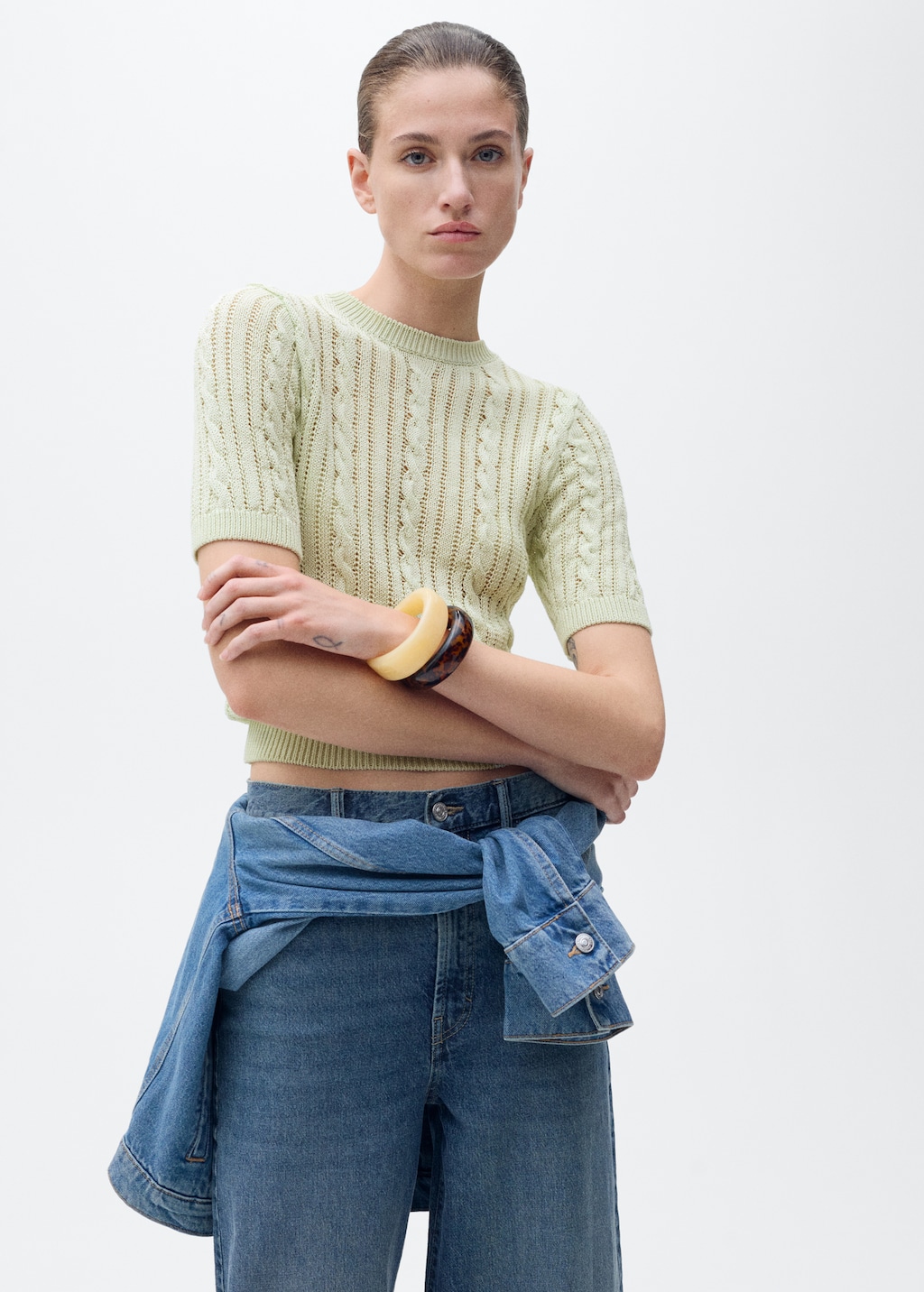 Short-sleeved cable-knit sweater