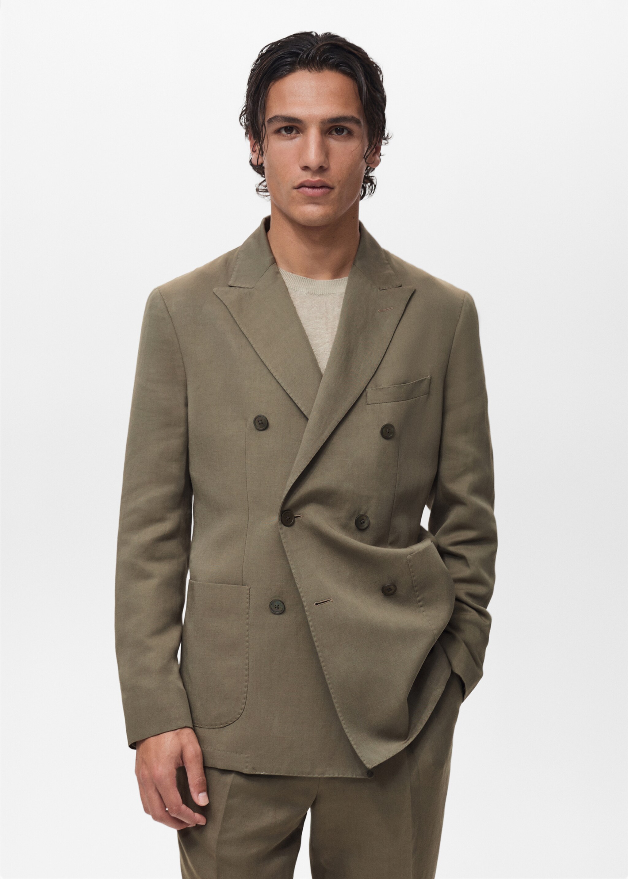 Veste de costume 100% lin slim fit croisée - Plan moyen
