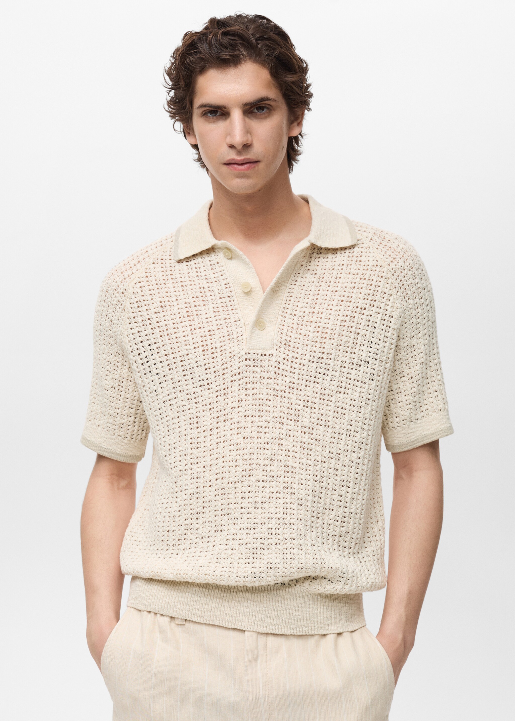 Openwork knitted cotton polo shirt - Medium plane