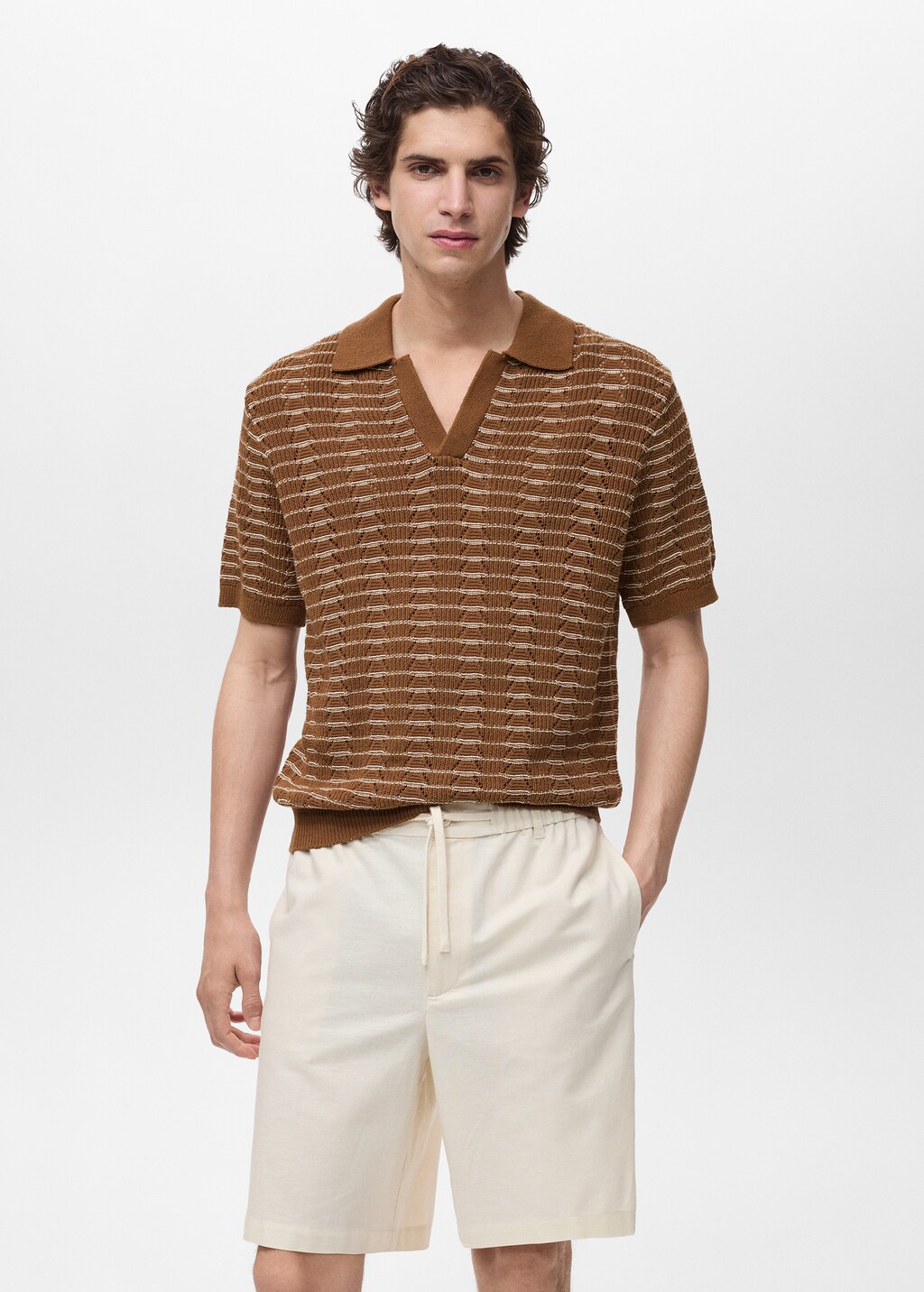 Striped openwork knitted polo shirt - Men | MANGO USA