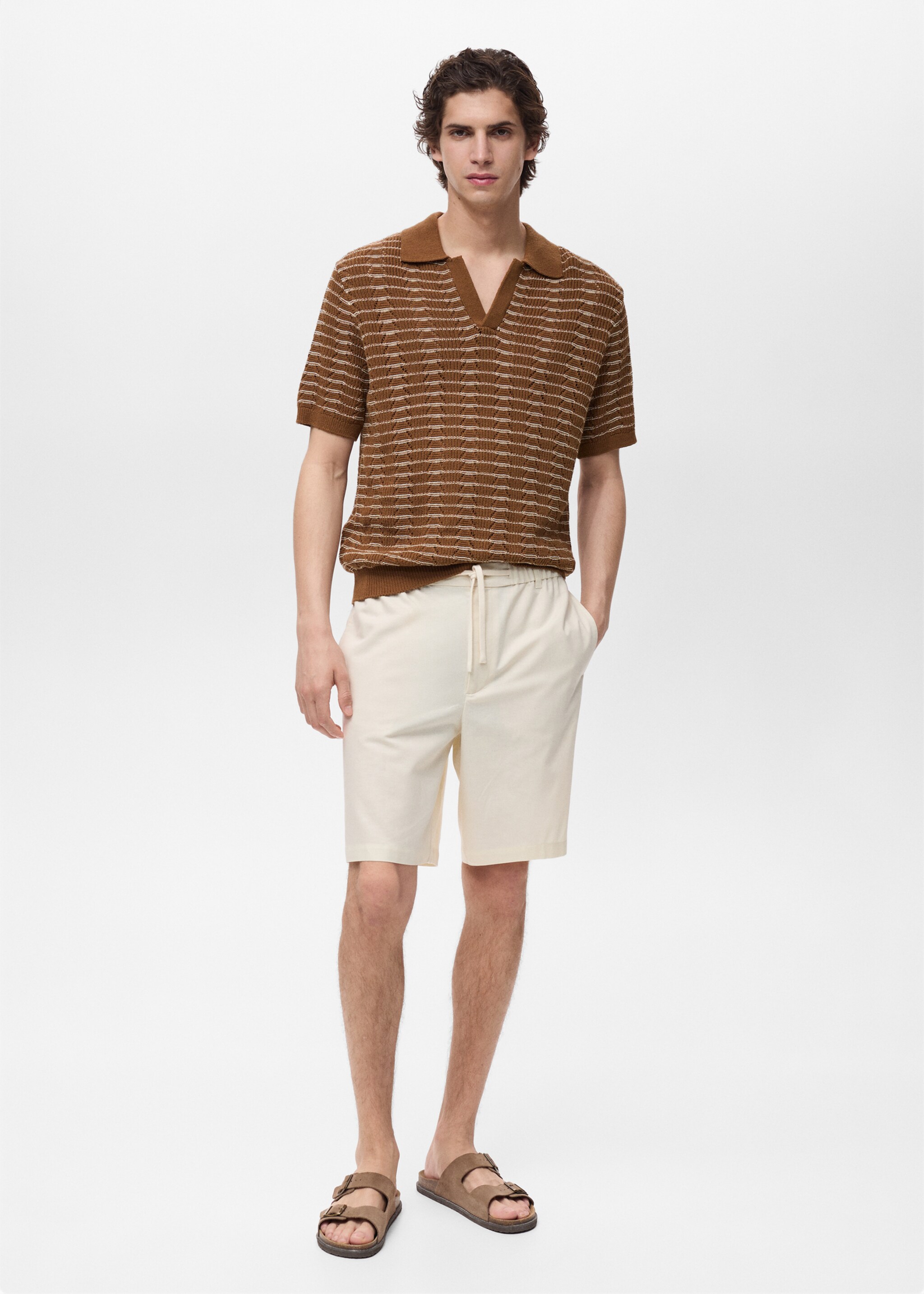 Striped openwork knitte polo shirt - Details of the article 2