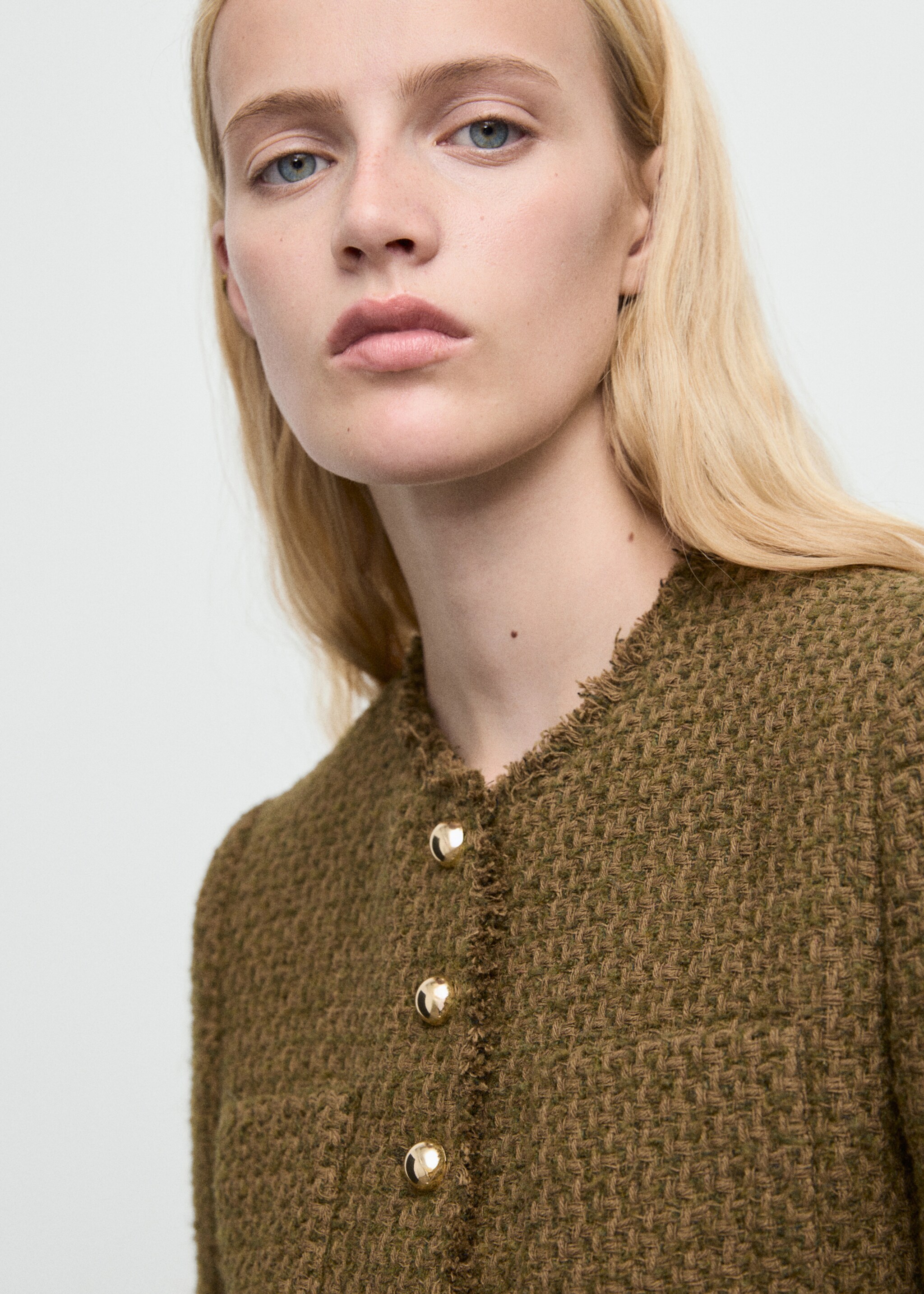 Tweed jacket with jewel buttons - Details of the article 1, Khaki. Ref: 87030653-00.