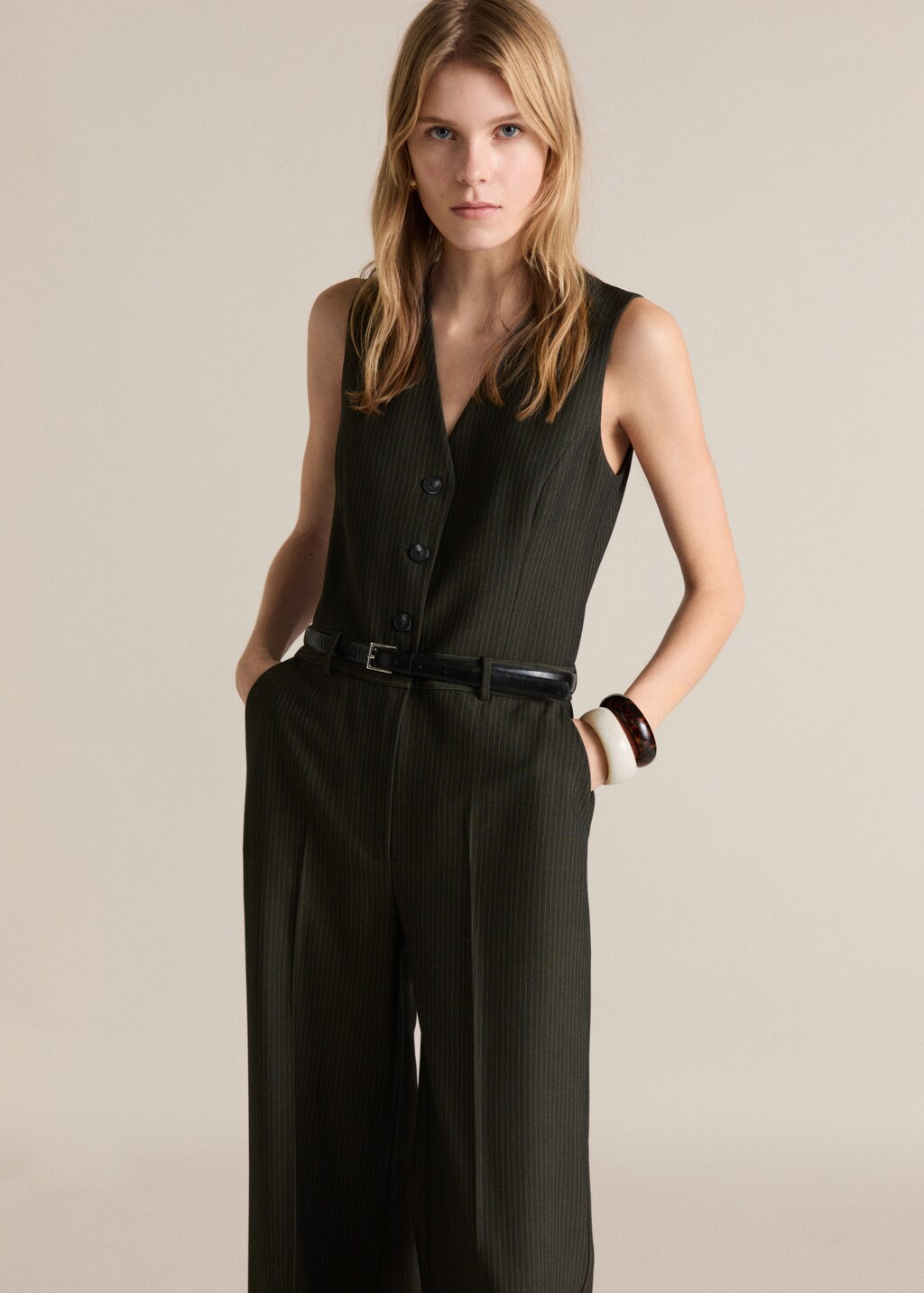 Pinstripe jumpsuit with belt - Women | MANGO USA Pinstripe jumpsuit with belt - Women | MANGO USA