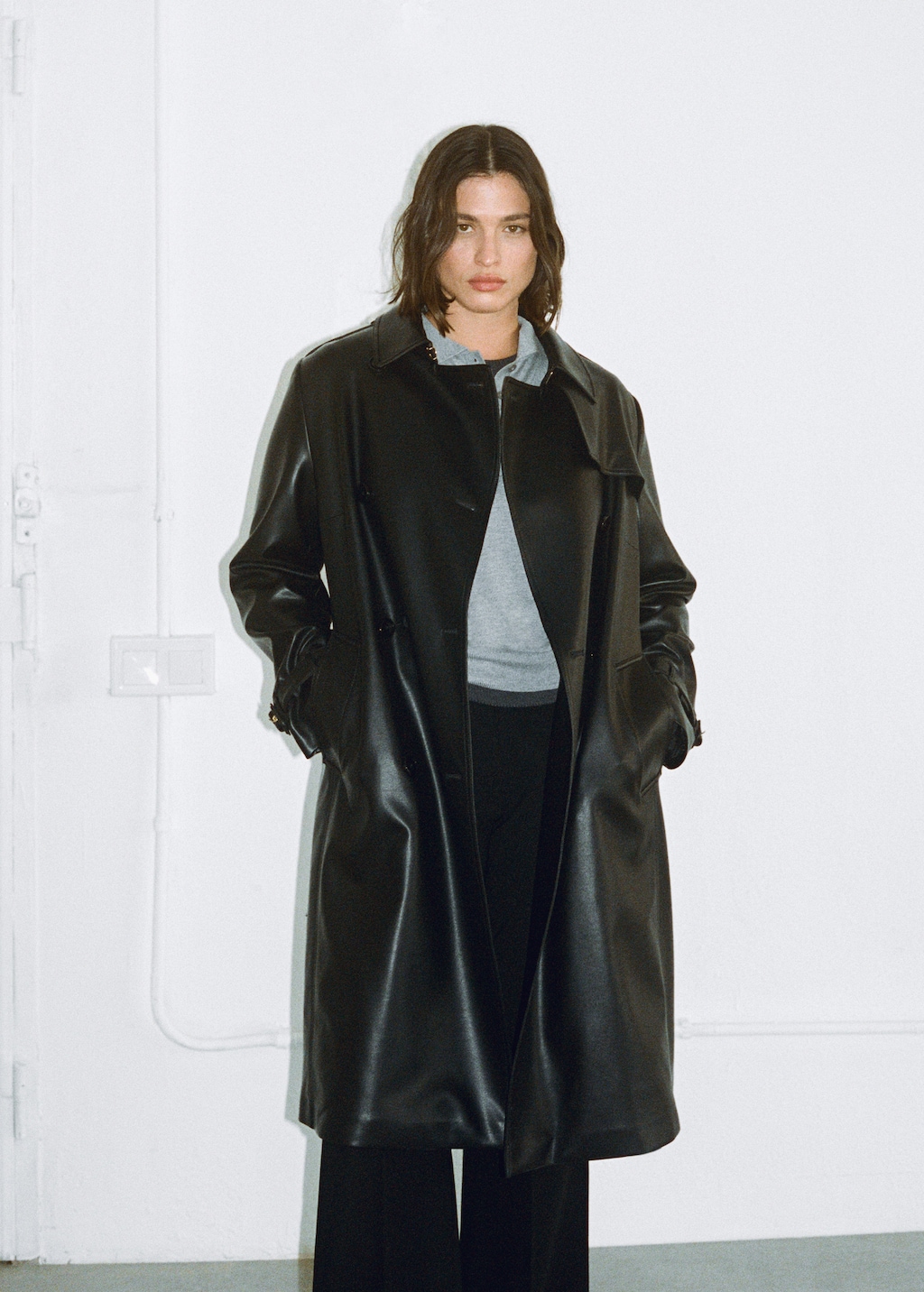 Faux-leather trench coat