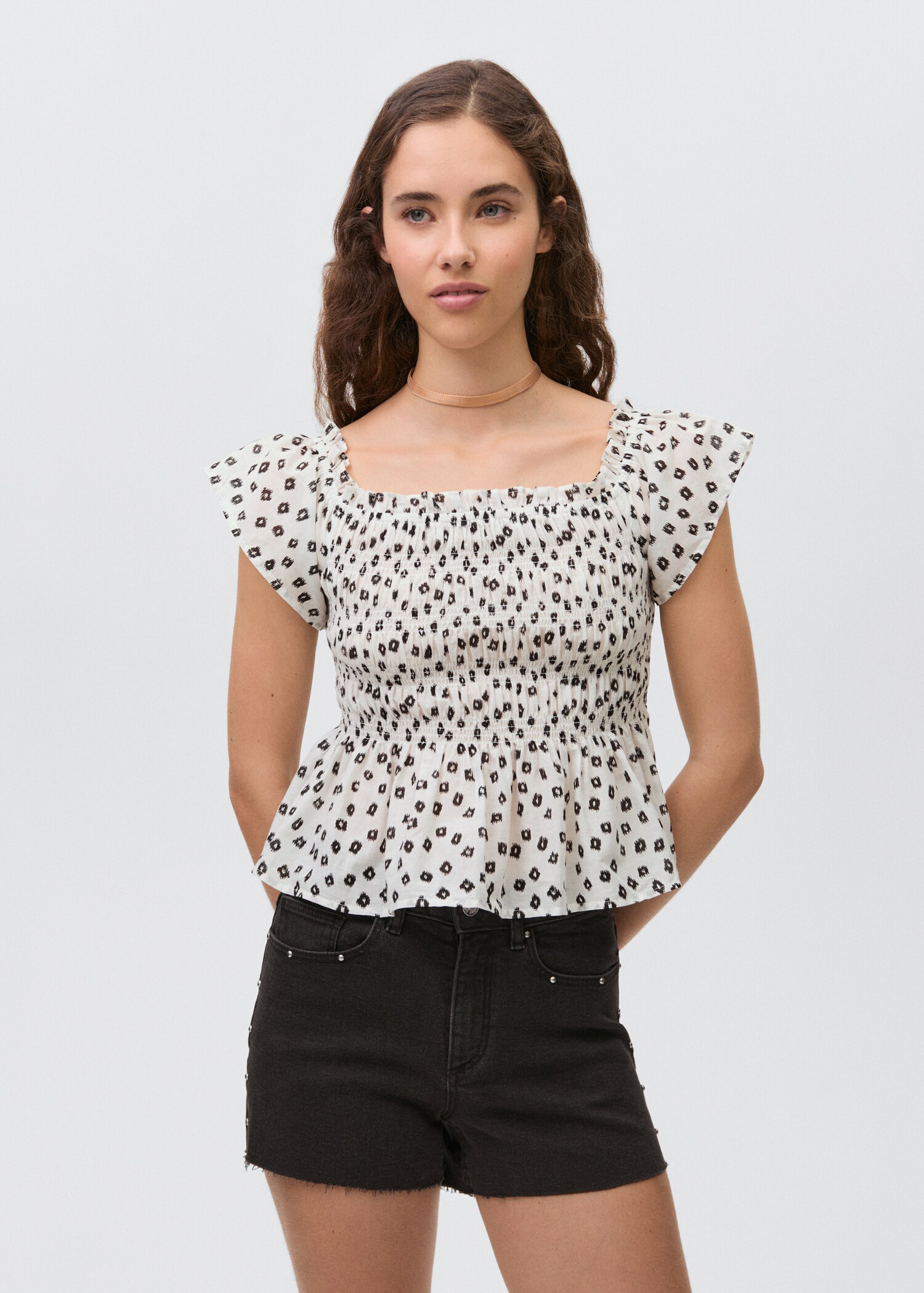 Bedrukte blouse met ruches - Middenvlak