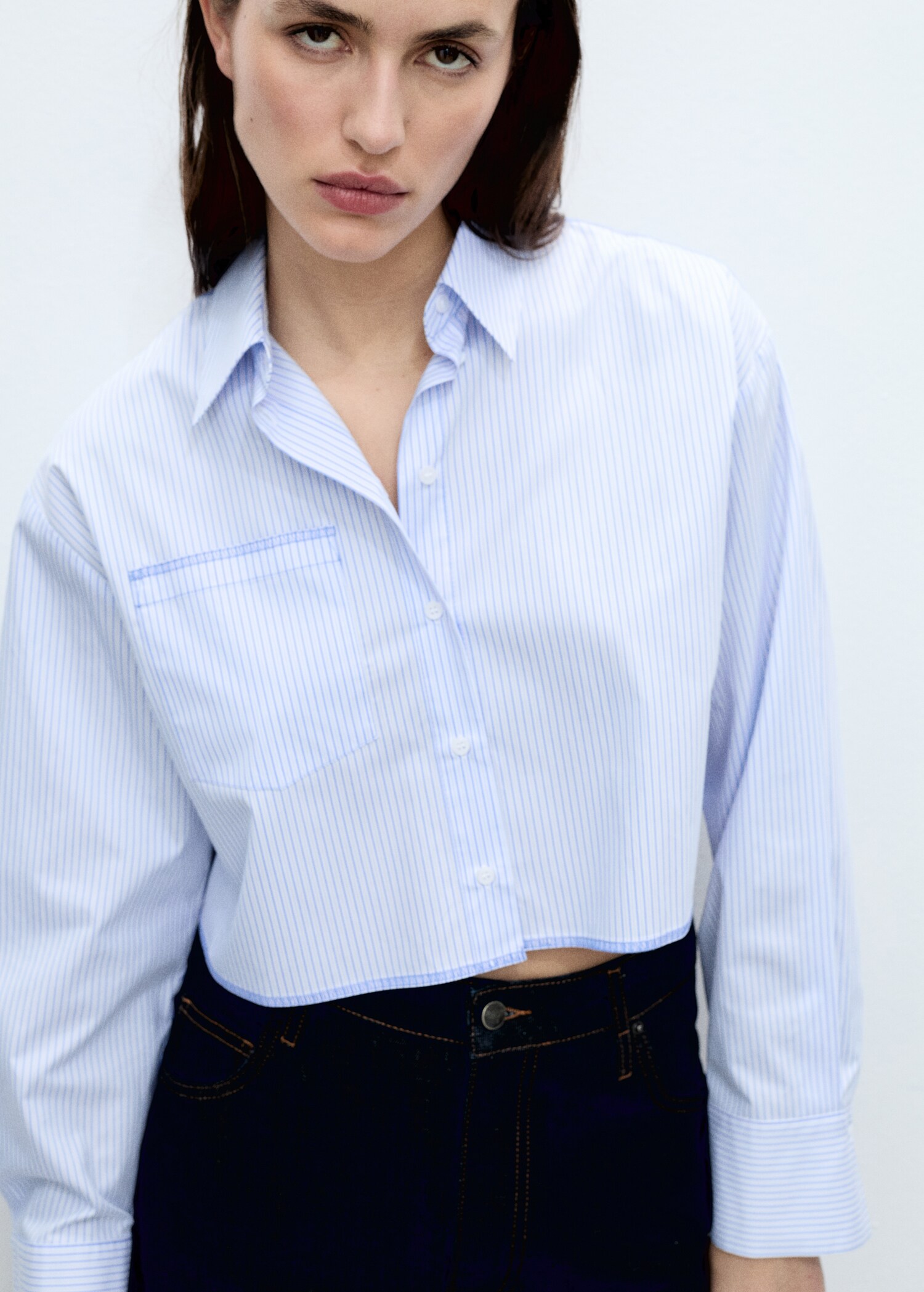 Striped crop shirt with stitching detail - Details of the article 1